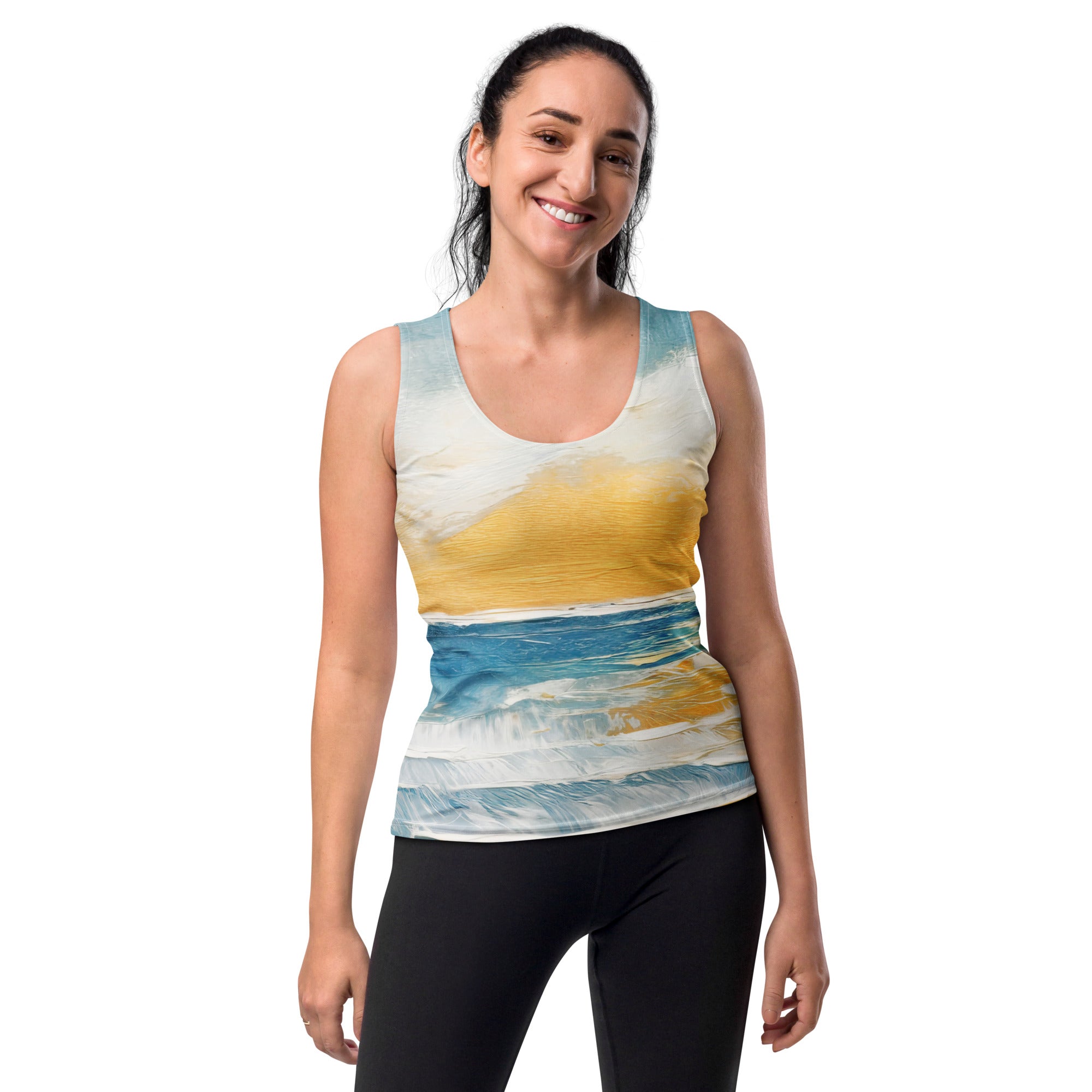 Womens Stretch Fit Tank Top in Blue Ocean Golden Sunset Print, showcasing a vibrant sunset design with a comfortable sleeveless fit.