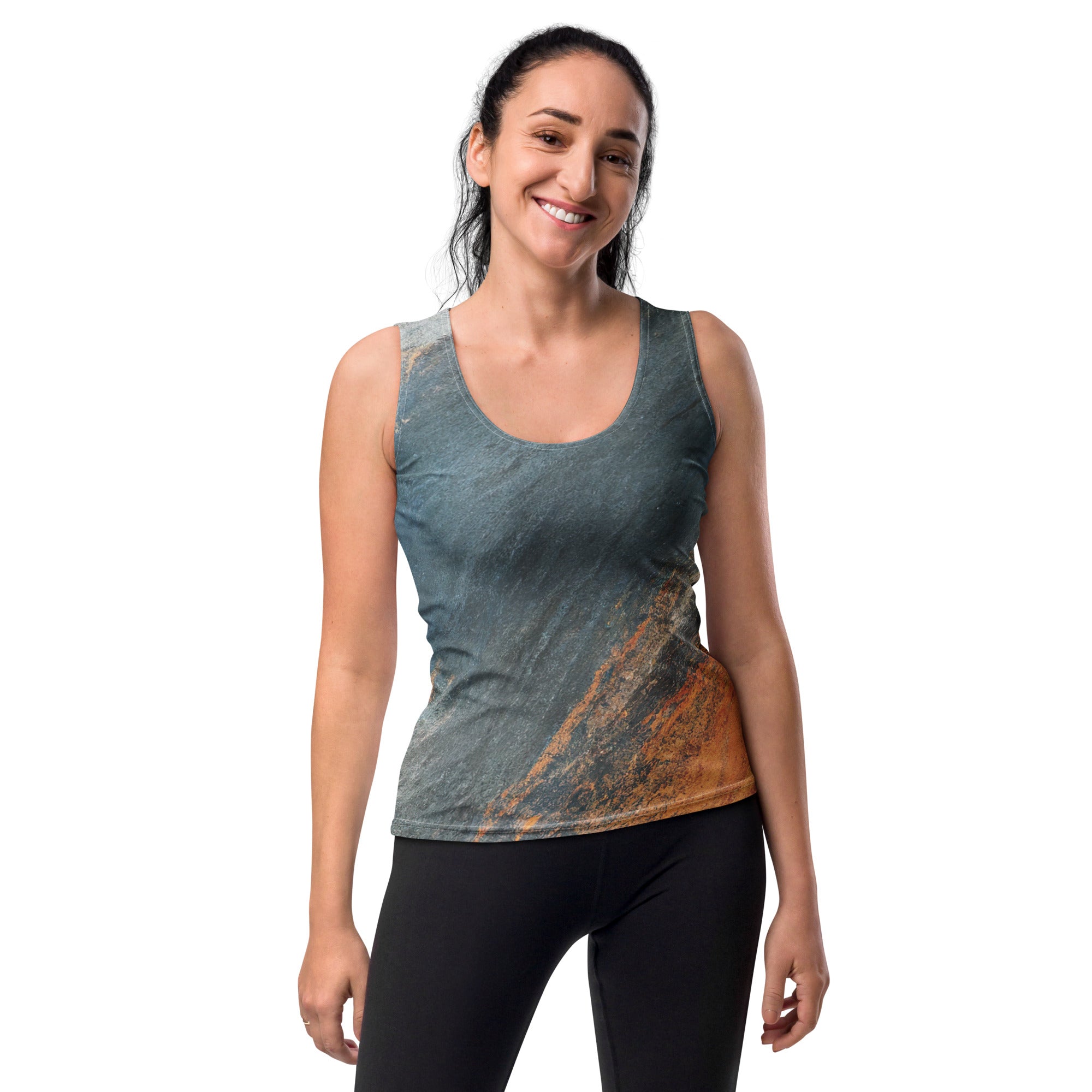 Women's Stretch Fit Tank Top featuring a blue and orange abstract pattern, designed for comfort and style with a sleeveless design.