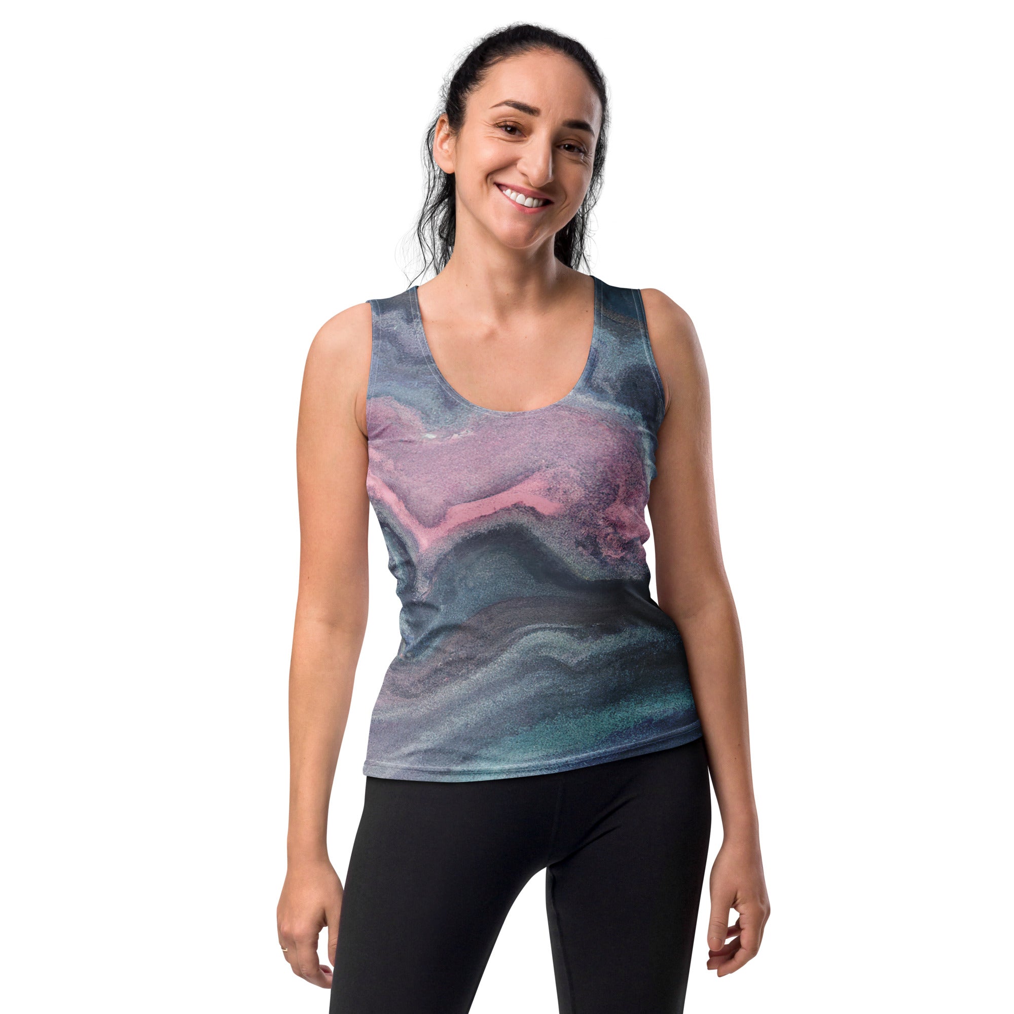 Women's Stretch Fit Tank Top in blue pink marble swirl print, showcasing a sleeveless design and scoop neckline for a flattering fit.