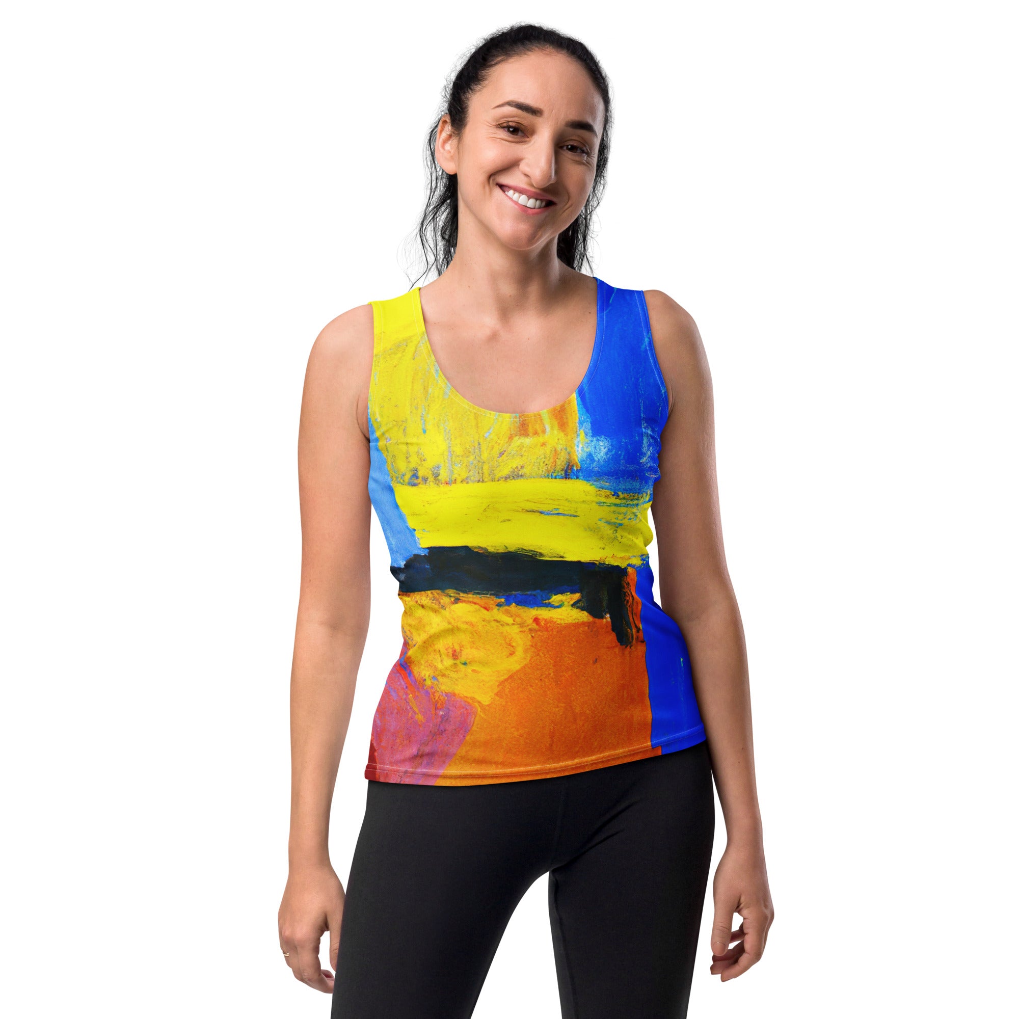 Women's Stretch Fit Tank Top featuring a blue-red abstract pattern, designed for comfort and style with a sleeveless design and scoop neckline.