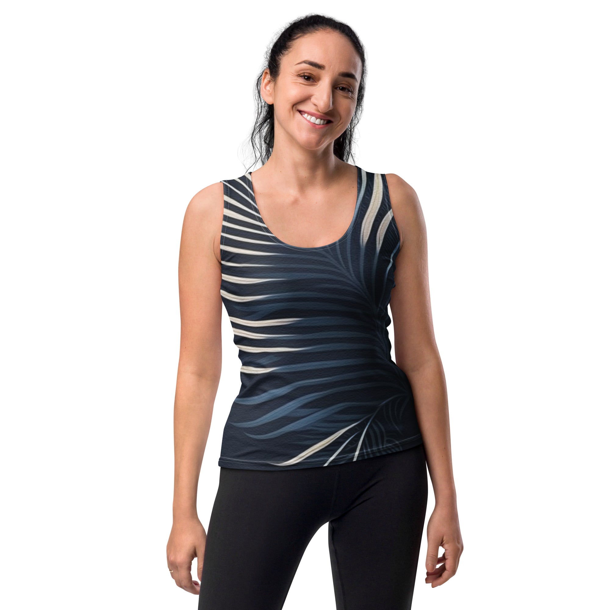 Womens Stretch Fit Tank Top featuring a blue and white palm leaves design, showcasing its sleeveless style and scoop neckline.