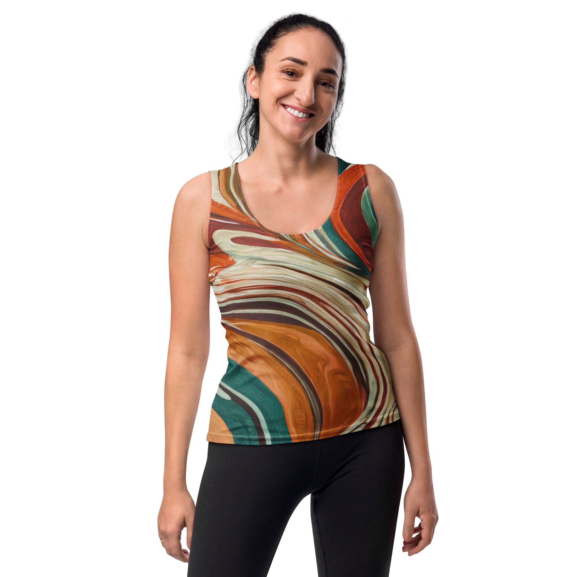Womens Stretch Fit Tank Top in Boho Brown Marble Print, showcasing a sleeveless design and scoop neckline for a stylish look.