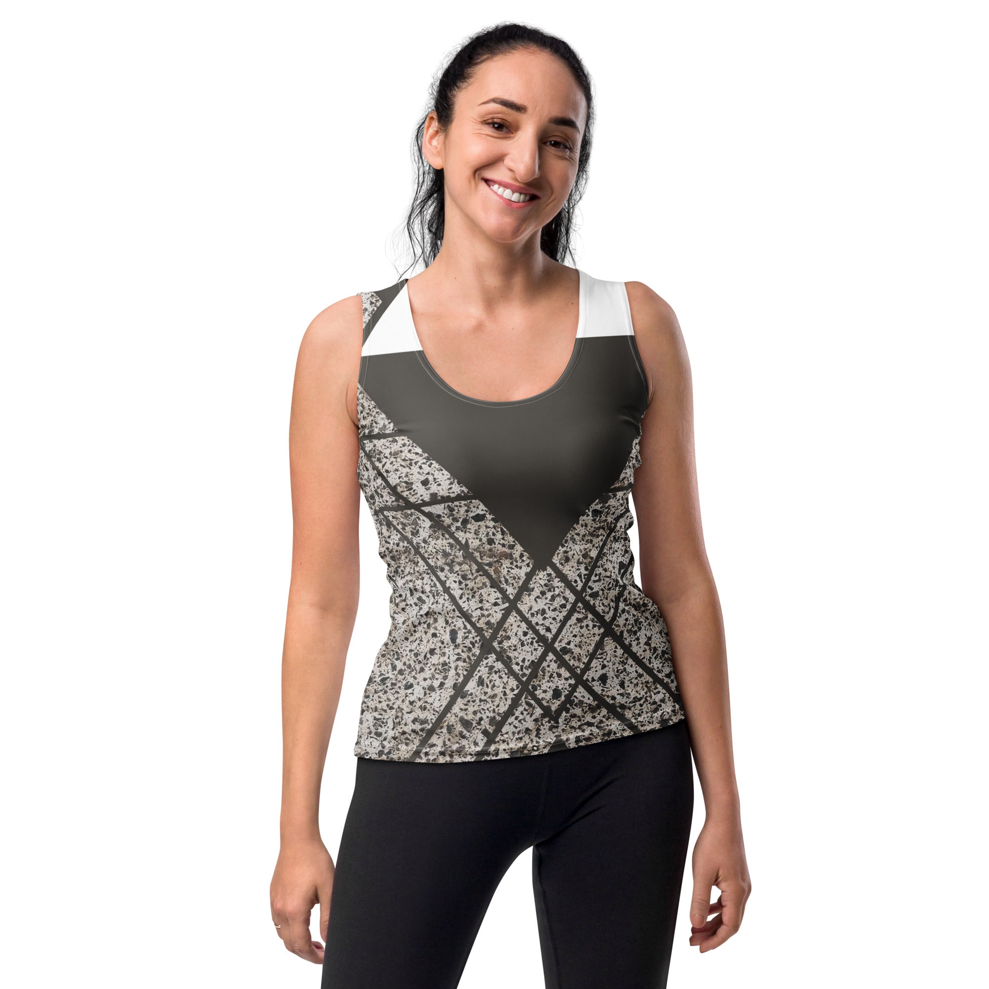 Women's Stretch Fit Tank Top in Brown and White Triangular Colorblock, showcasing a stylish scoop neckline and sleeveless design.