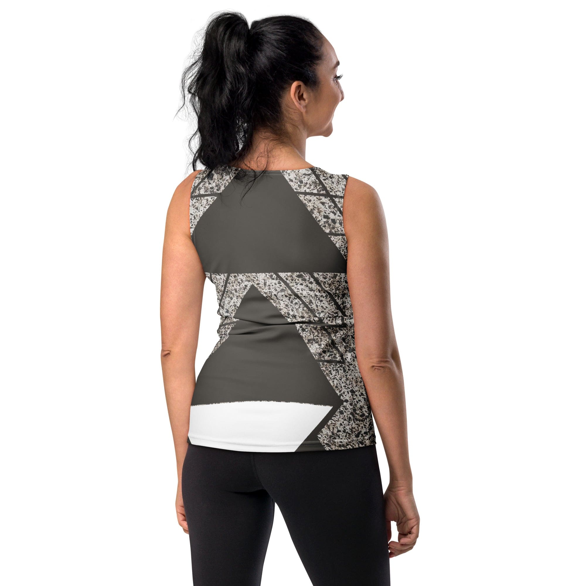 Women's Stretch Fit Tank Top in Brown and White Triangular Colorblock, showcasing a stylish scoop neckline and sleeveless design.