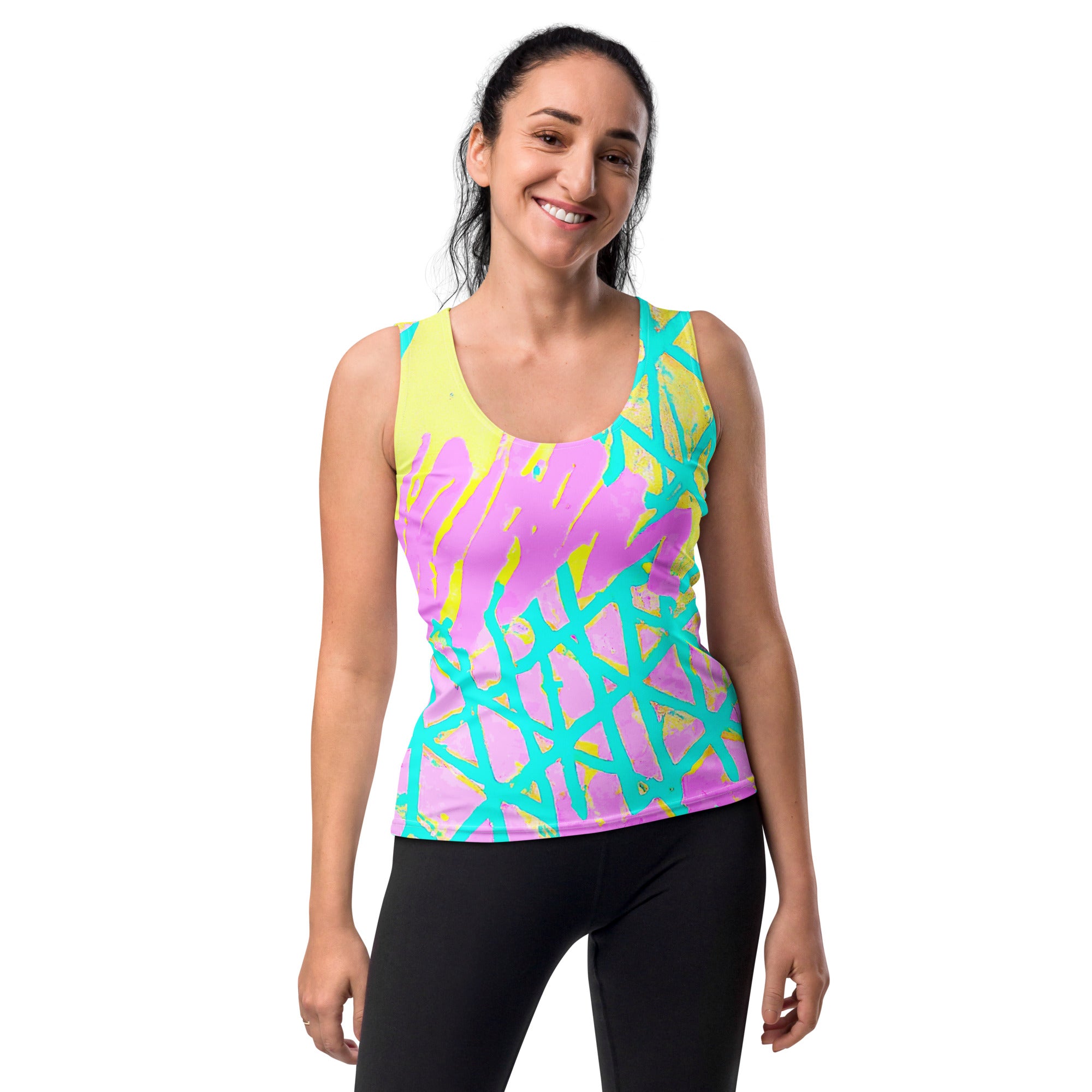 Women's Stretch Fit Tank Top in cyan blue, lime green, and pink pattern, showcasing a sleeveless design and scoop neckline.