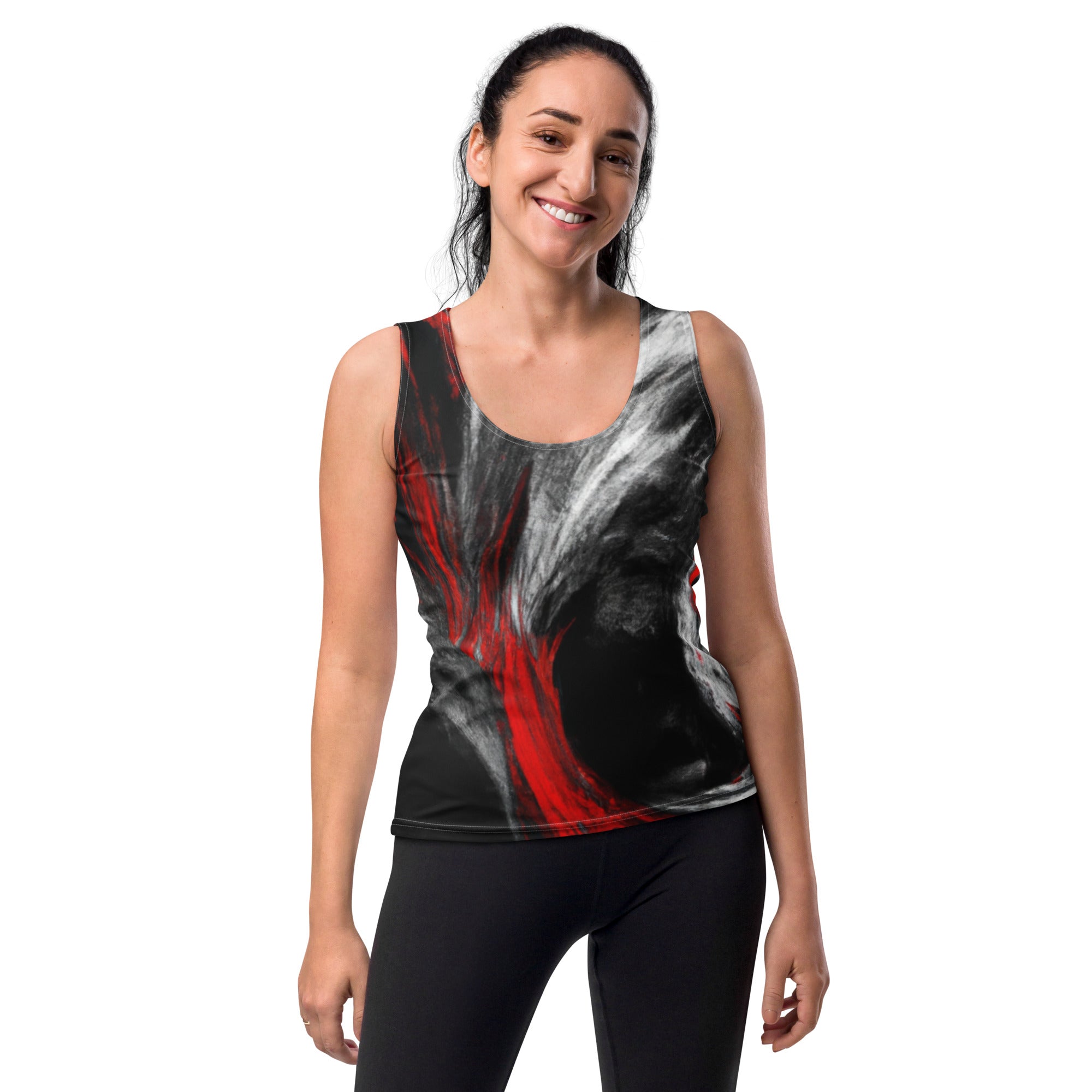 Womens Stretch Fit Tank Top featuring a decorative black, red, and white abstract pattern, designed for comfort and style.