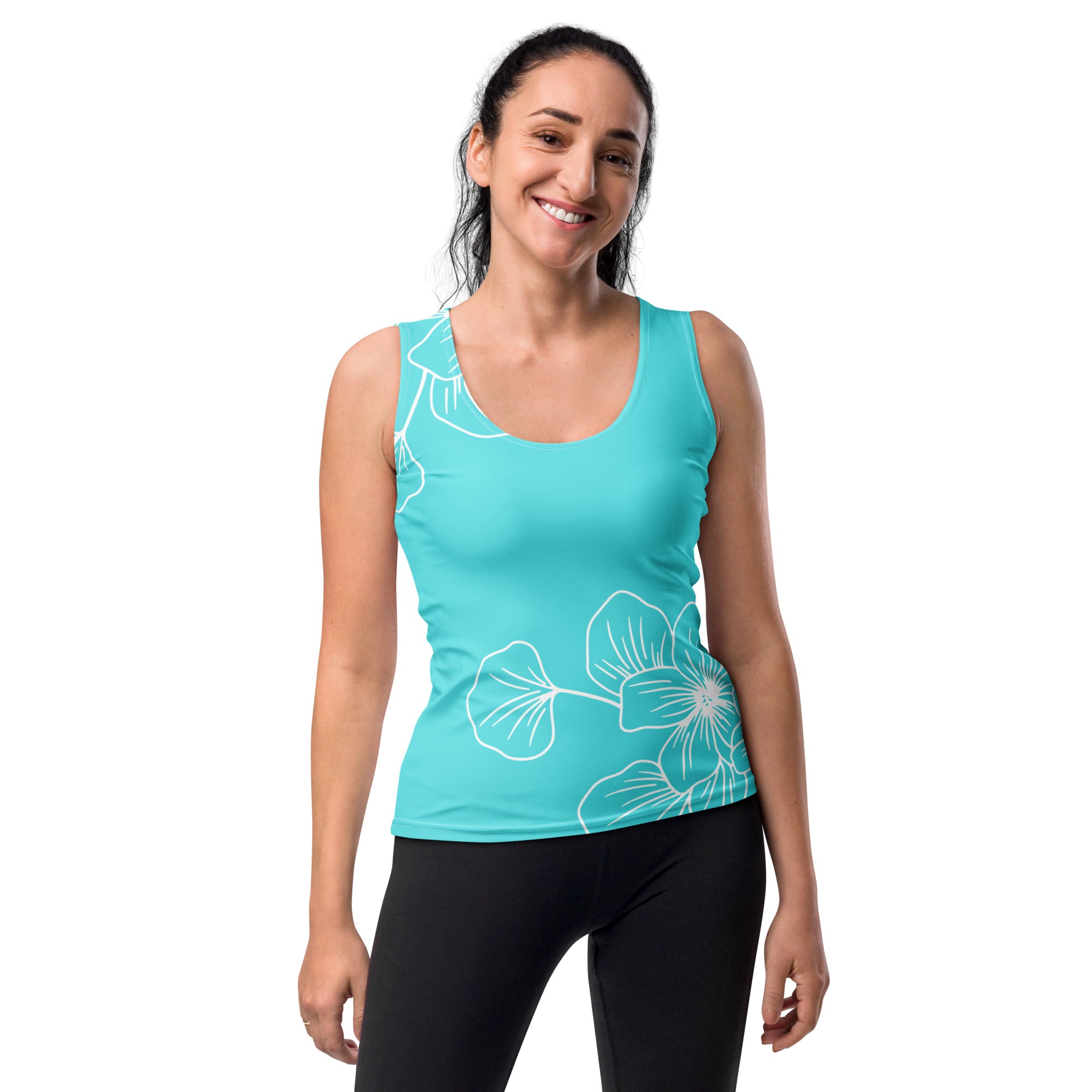 Womens Stretch Fit Tank Top in Floral Cyan Blue, showcasing its sleeveless design and scoop neckline.