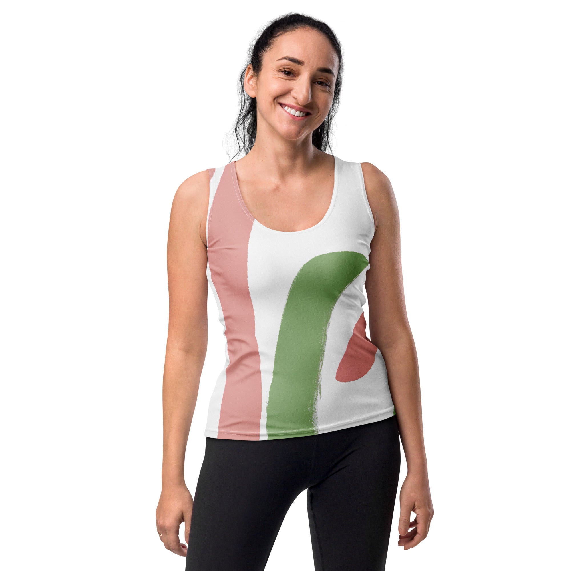 Womens Stretch Fit Tank Top in Green Mauve Abstract Brush Stroke Pattern, showcasing a stylish and comfortable design.