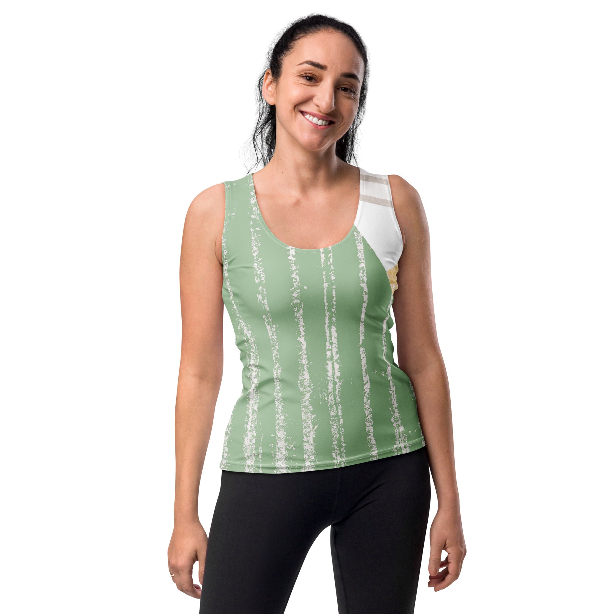 Women's Stretch Fit Tank Top in green with a textured boho pattern, showcasing a sleeveless design and scoop neckline.
