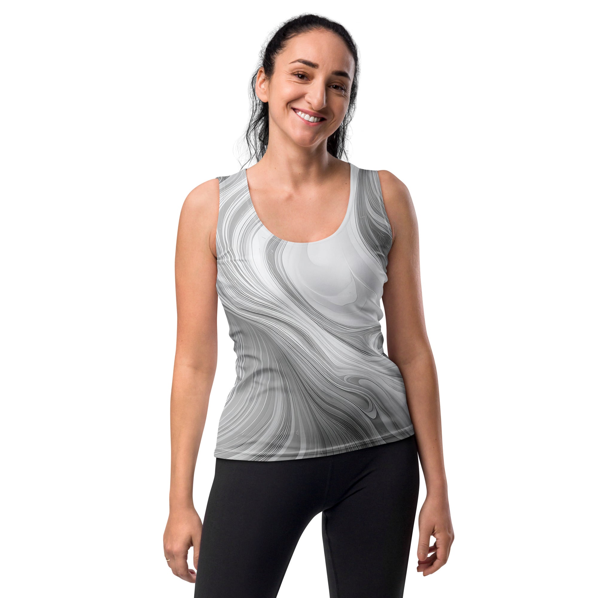 Womens Stretch Fit Tank Top in Grey White Boho Marble Print, showcasing its stylish design and comfortable fit.