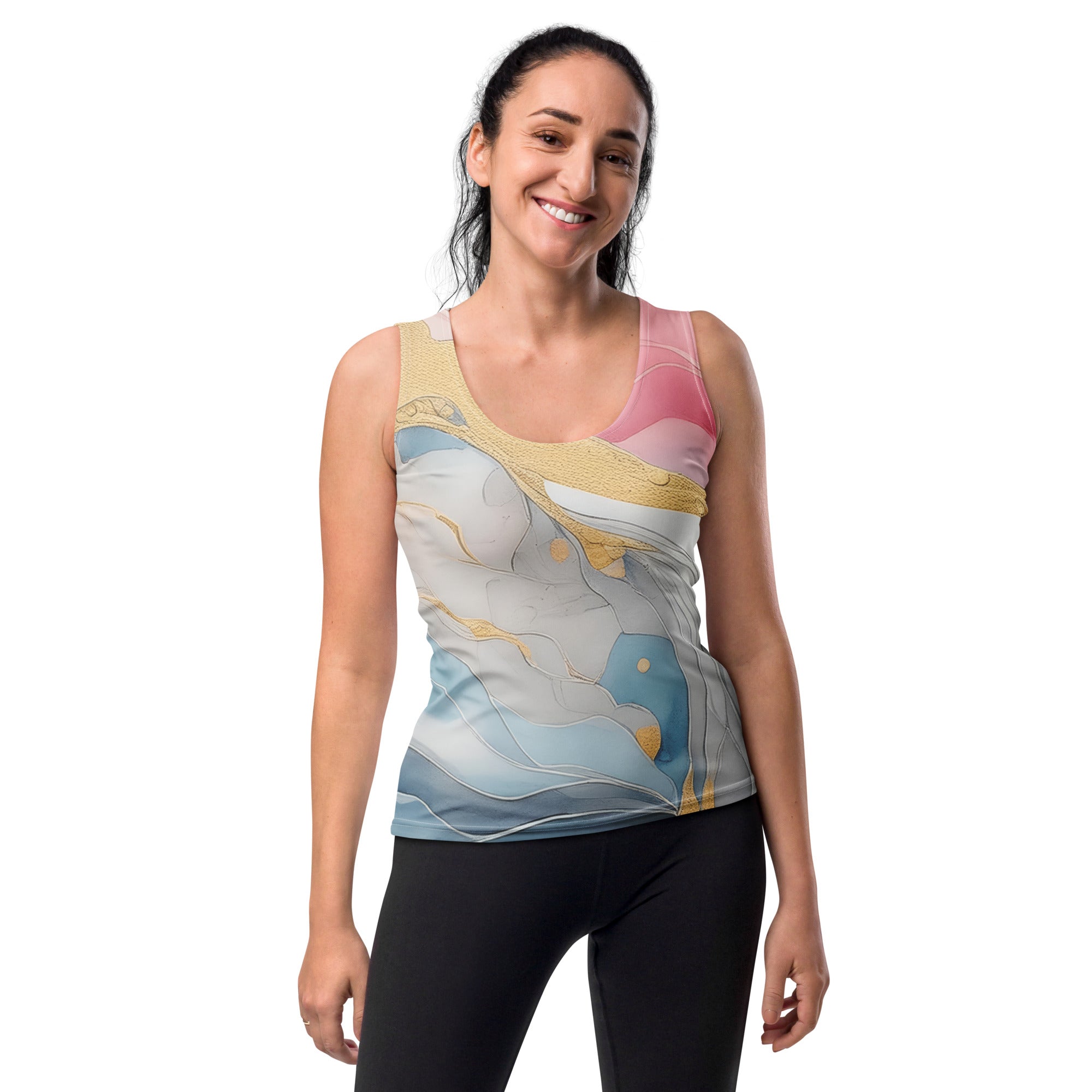 Womens Stretch Fit Tank Top in Marble Cloud of Grey Pink Blue, showcasing its lightweight fabric and stylish design.