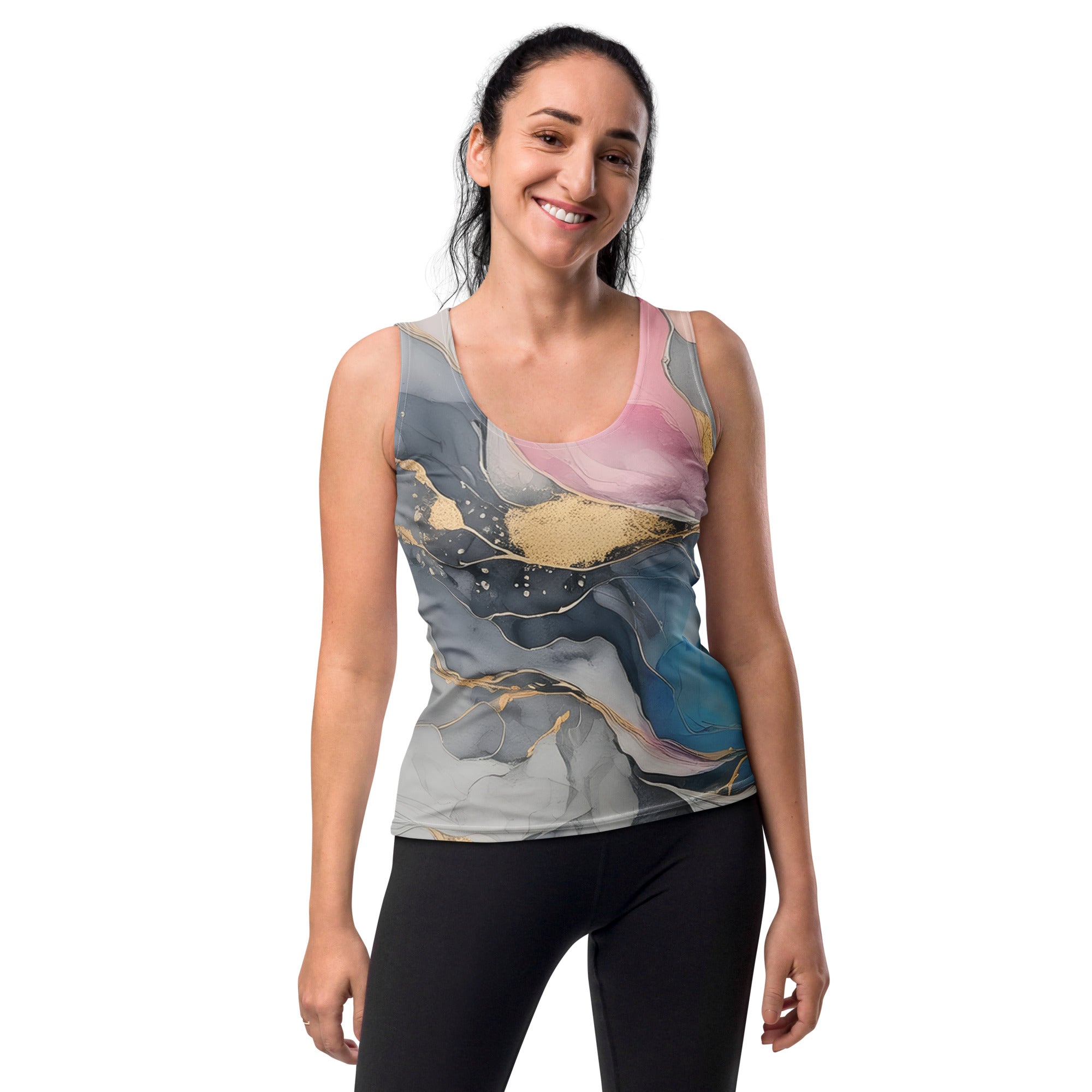 Womens Stretch Fit Tank Top in Marble Cloud of Grey Pink Blue, showcasing its lightweight fabric and stylish design.