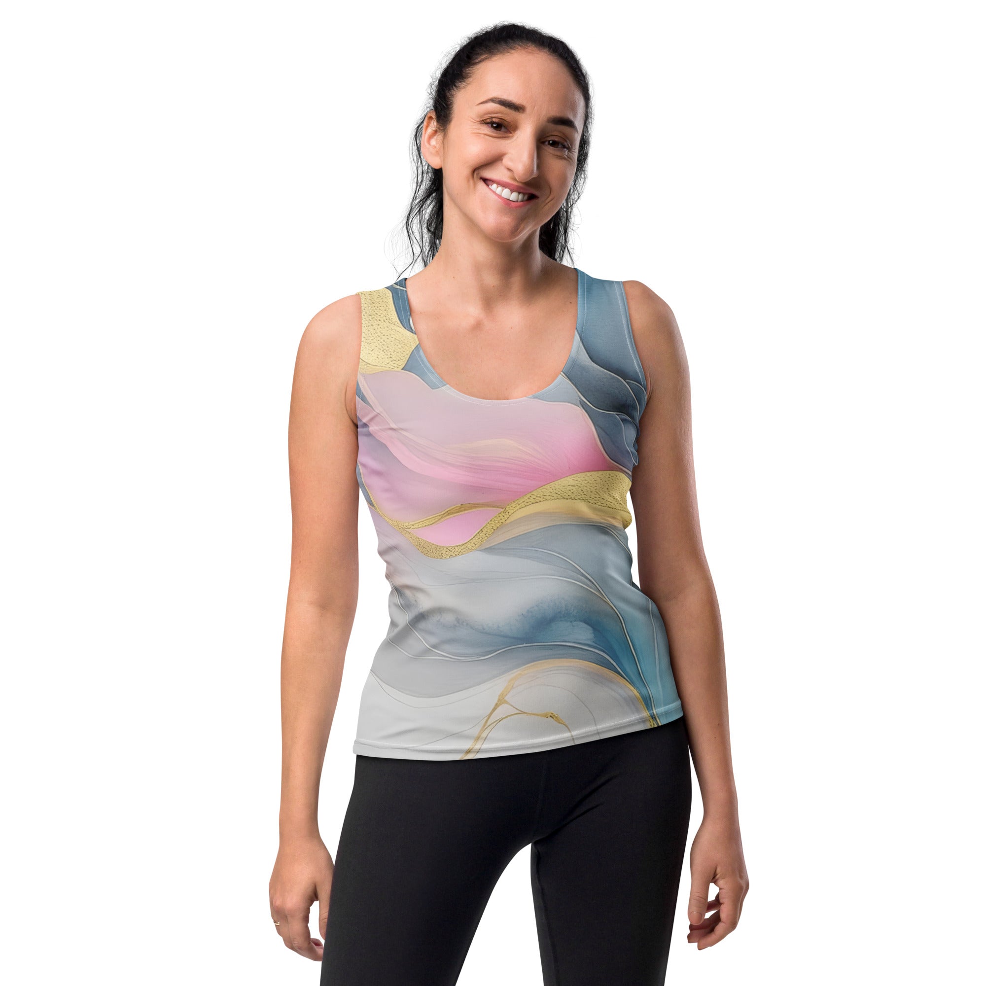 Womens Stretch Fit Tank Top in Marble Cloud of Grey Pink Blue, showcasing its stylish scoop neckline and sleeveless design.