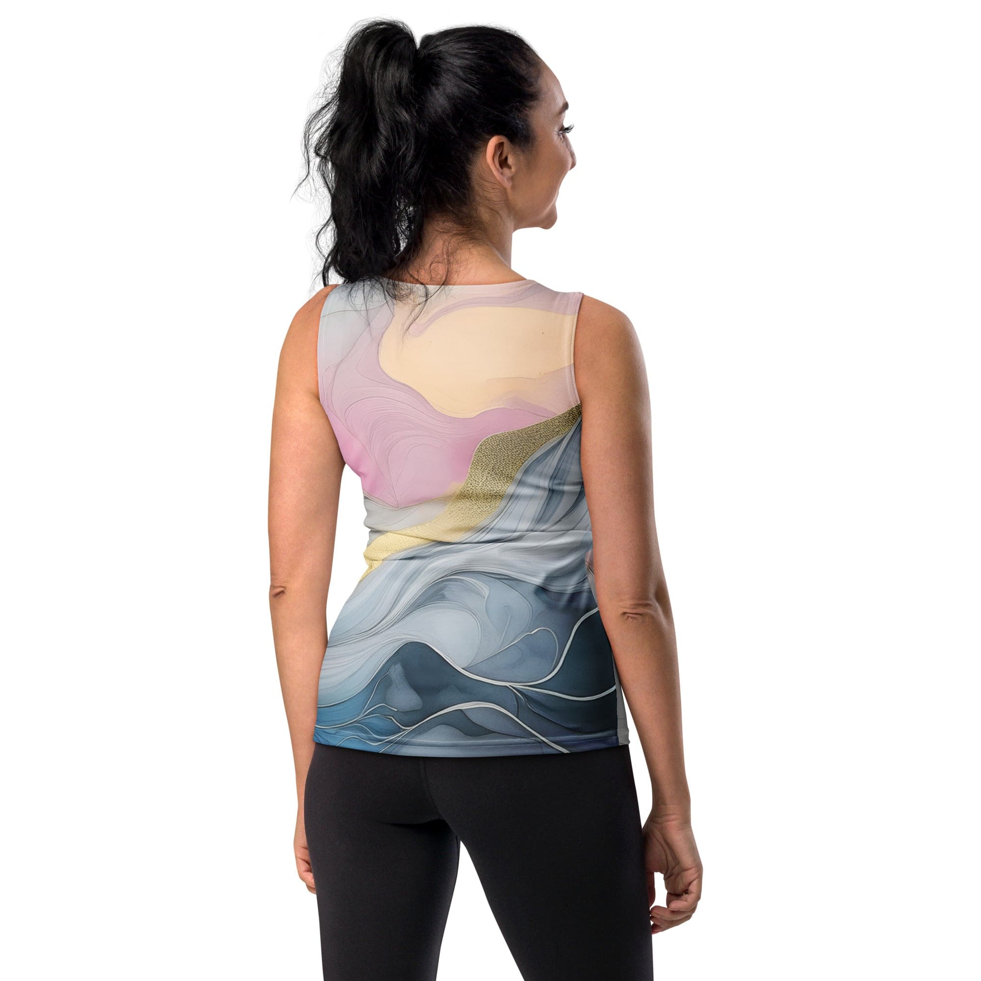 Womens Stretch Fit Tank Top in Marble Cloud of Grey Pink Blue, showcasing its stylish scoop neckline and sleeveless design.