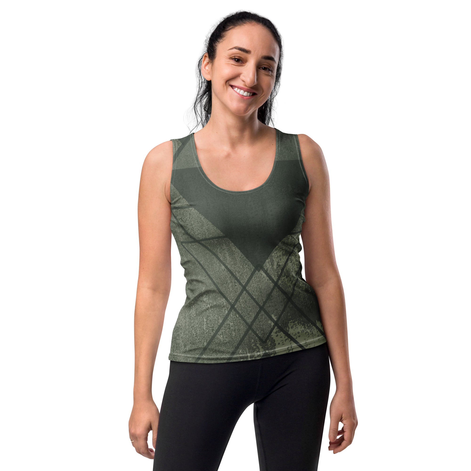 Womens Stretch Fit Tank Top in Olive Green with Triangular Colorblock design, showcasing its sleeveless style and scoop neckline.