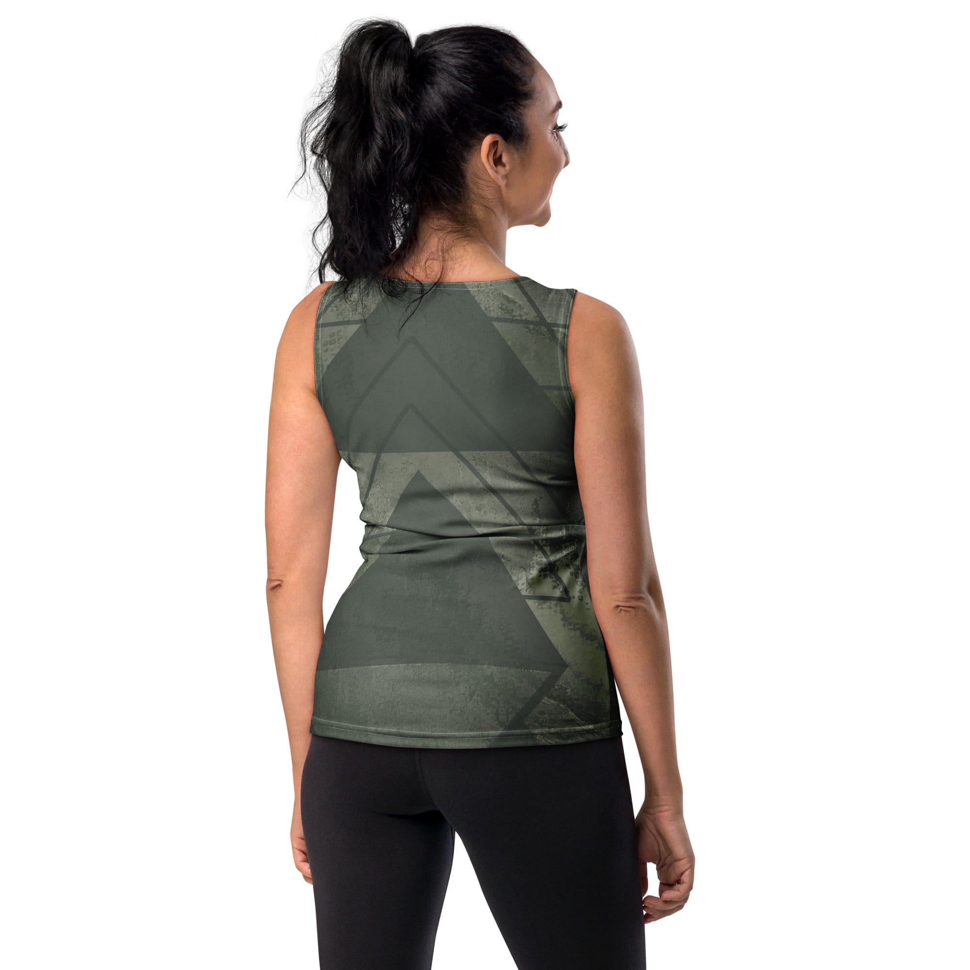 Womens Stretch Fit Tank Top in Olive Green with Triangular Colorblock design, showcasing its sleeveless style and scoop neckline.