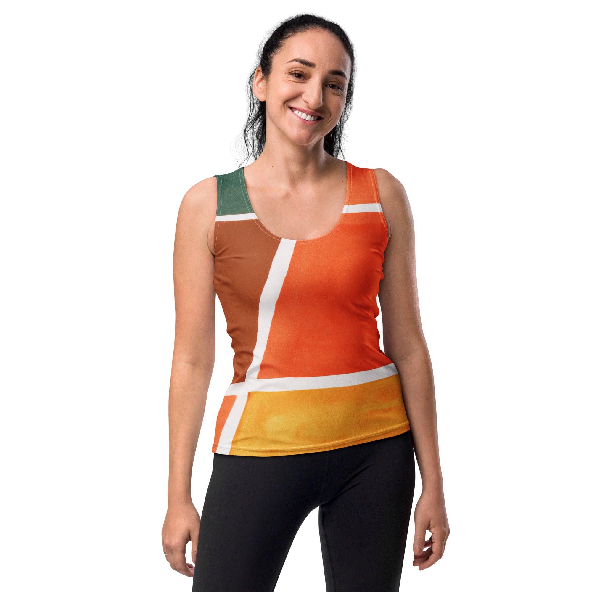 Women's Stretch Fit Tank Top featuring an Orange Green Boho Pattern, showcasing a sleeveless design and scoop neckline.