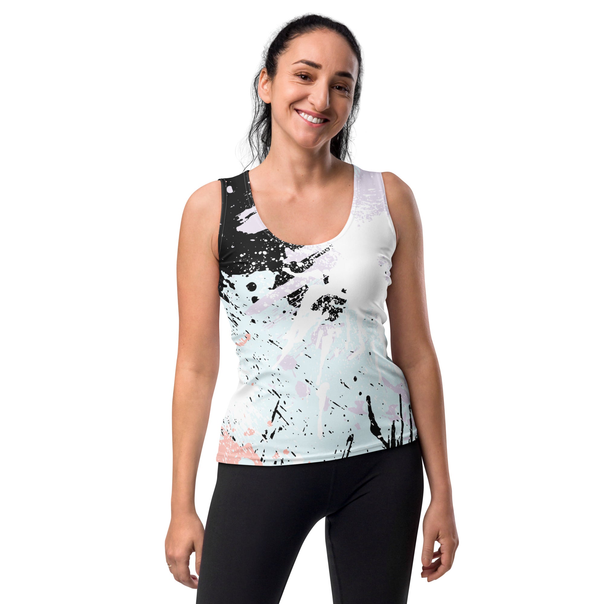 Women's Stretch Fit Tank Top in pink and black abstract print, showcasing a sleeveless design and scoop neckline for a flattering fit.