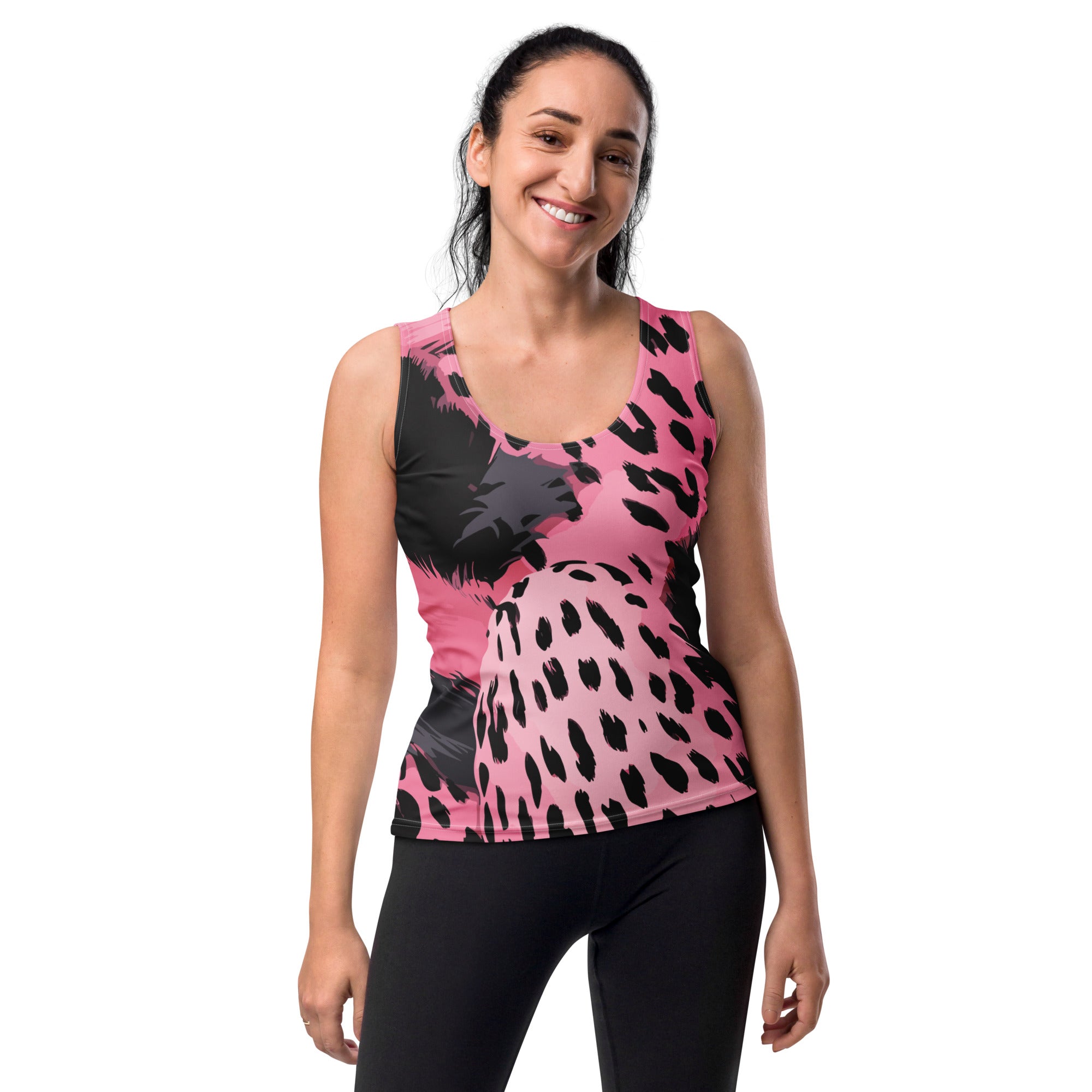 Womens Stretch Fit Tank Top featuring a pink and black spotted print, designed for comfort and style, perfect for workouts or casual wear.
