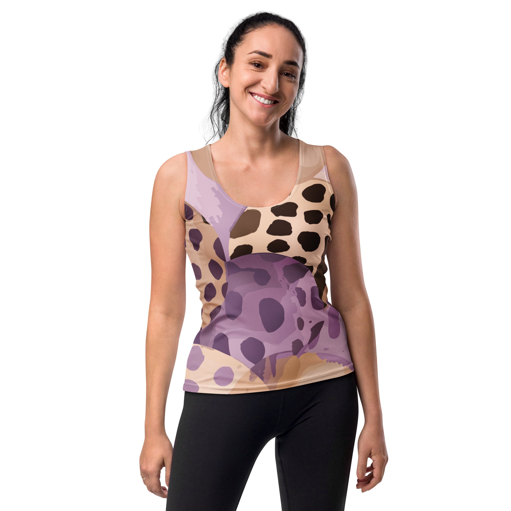 Women's Stretch Fit Tank Top in Purple Lavender Spotted Print, showcasing a stylish sleeveless design and scoop neckline.