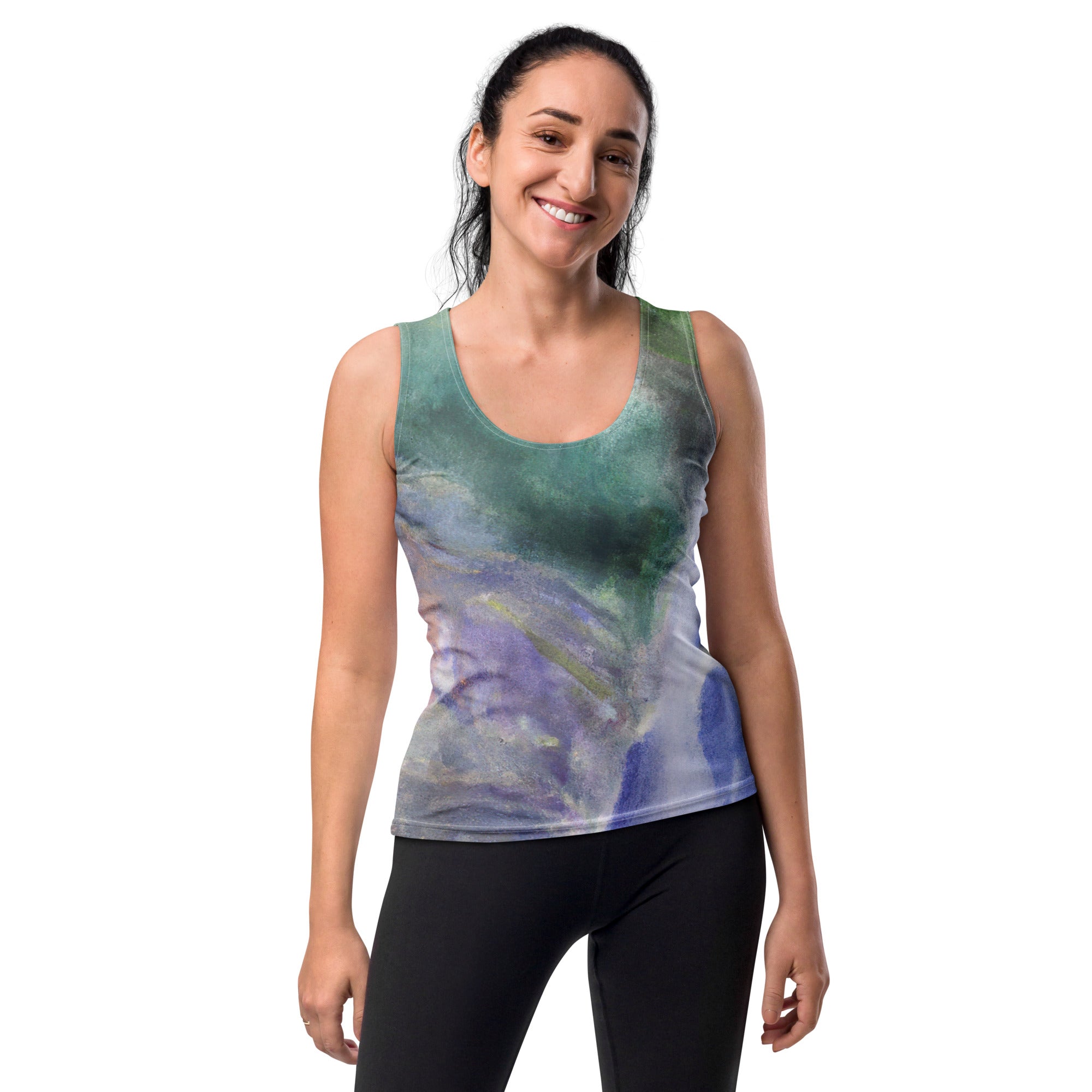 Womens Stretch Fit Tank Top in Purple Watercolor Waterfall Green, showcasing a vibrant nature print and a stylish scoop neckline.
