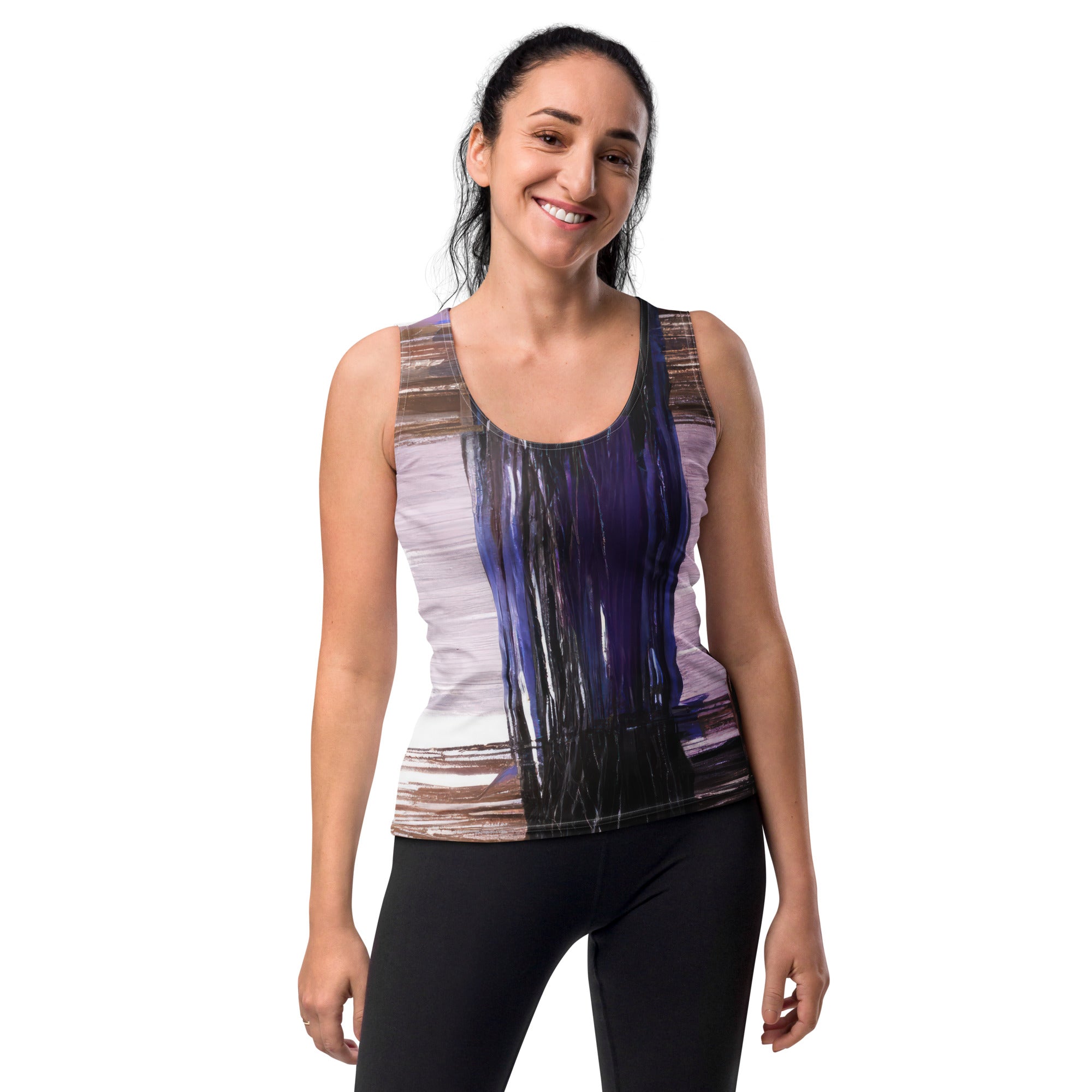 Womens Stretch Fit Tank Top in Rustic Brown Interweave Print, showcasing a sleeveless design and scoop neckline.