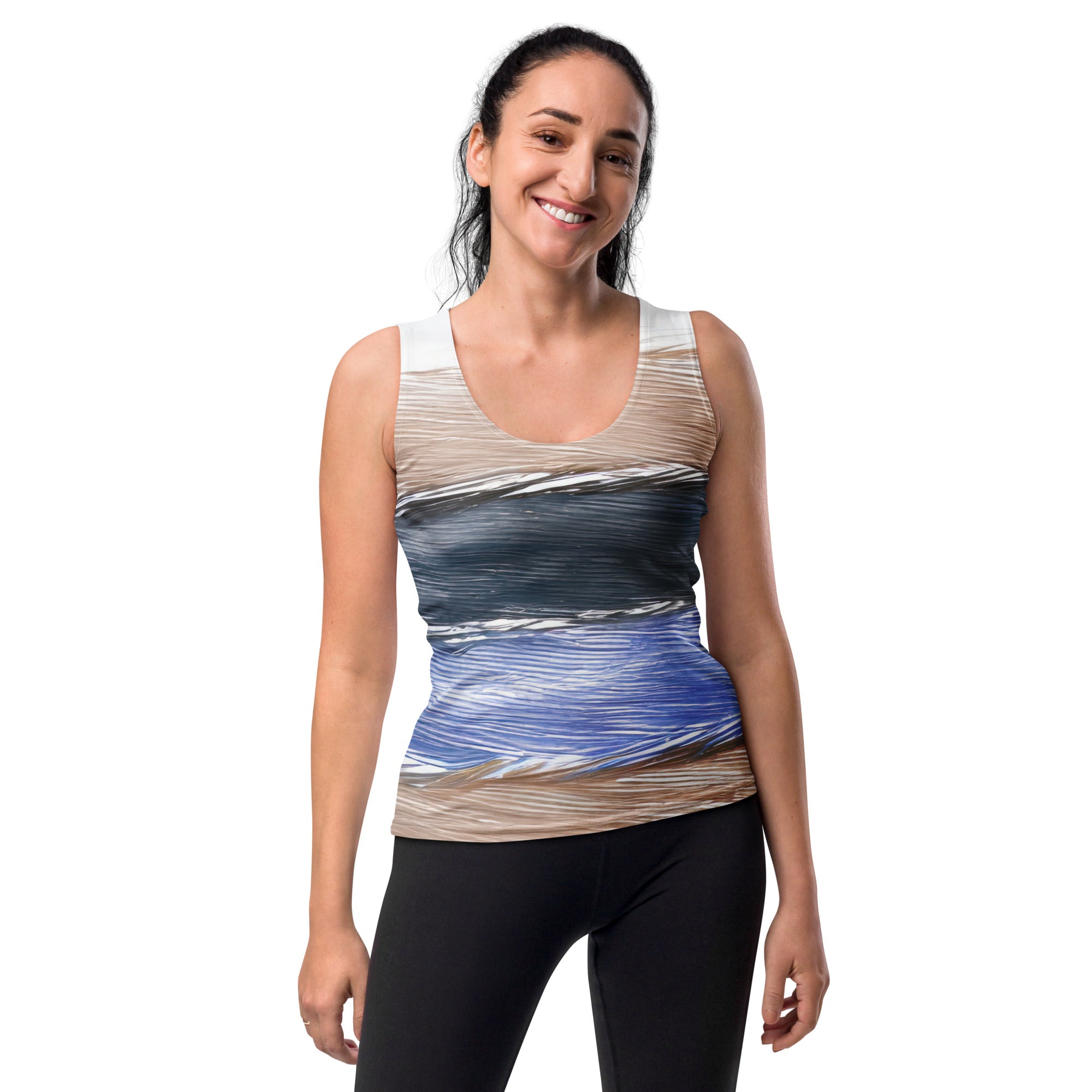 Womens Stretch Fit Tank Top in Rustic Hues Pattern, showcasing a sleeveless design and scoop neckline, perfect for workouts and casual wear.