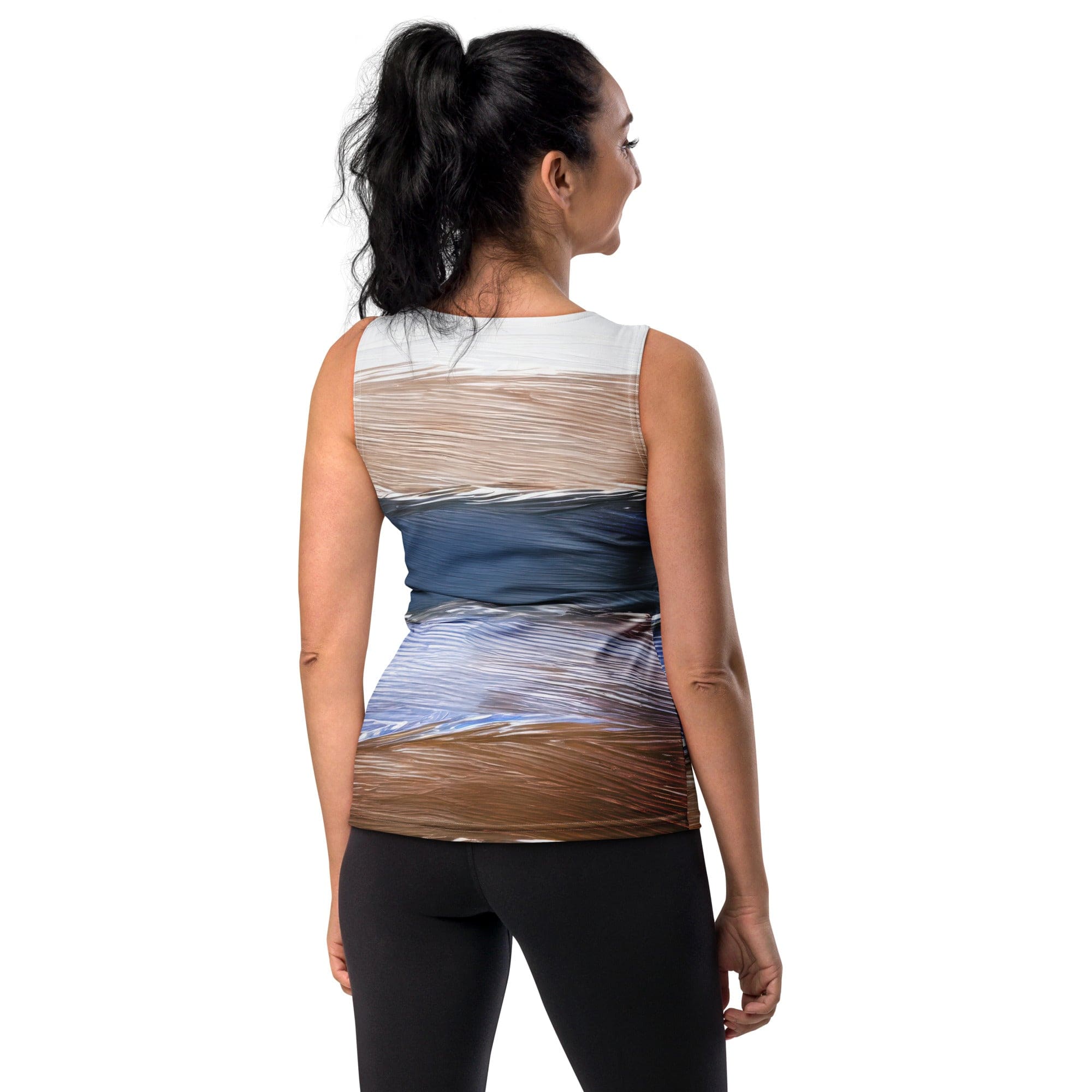 Womens Stretch Fit Tank Top in Rustic Hues Pattern, showcasing a sleeveless design and scoop neckline, perfect for workouts and casual wear.