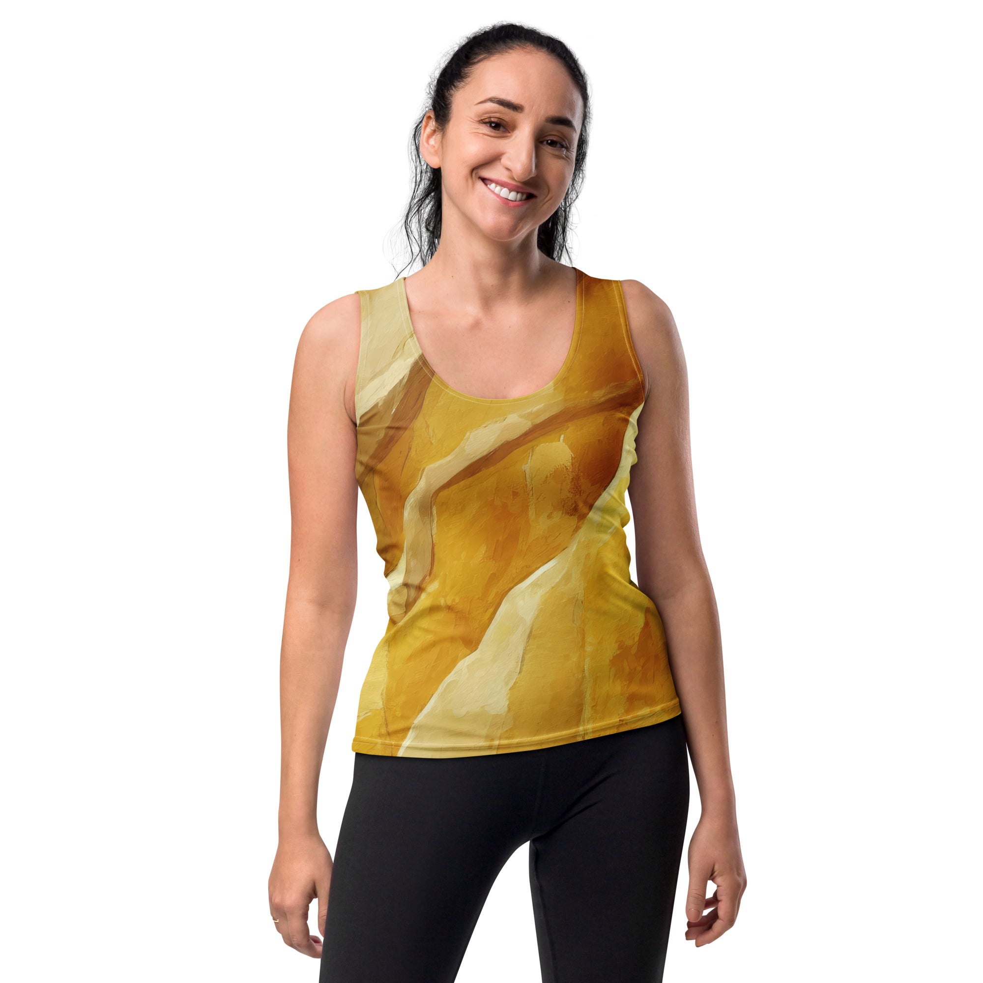 Womens Stretch Fit Tank Top in Rustic Yellow Stone Print, showcasing its sleeveless design and scoop neckline.