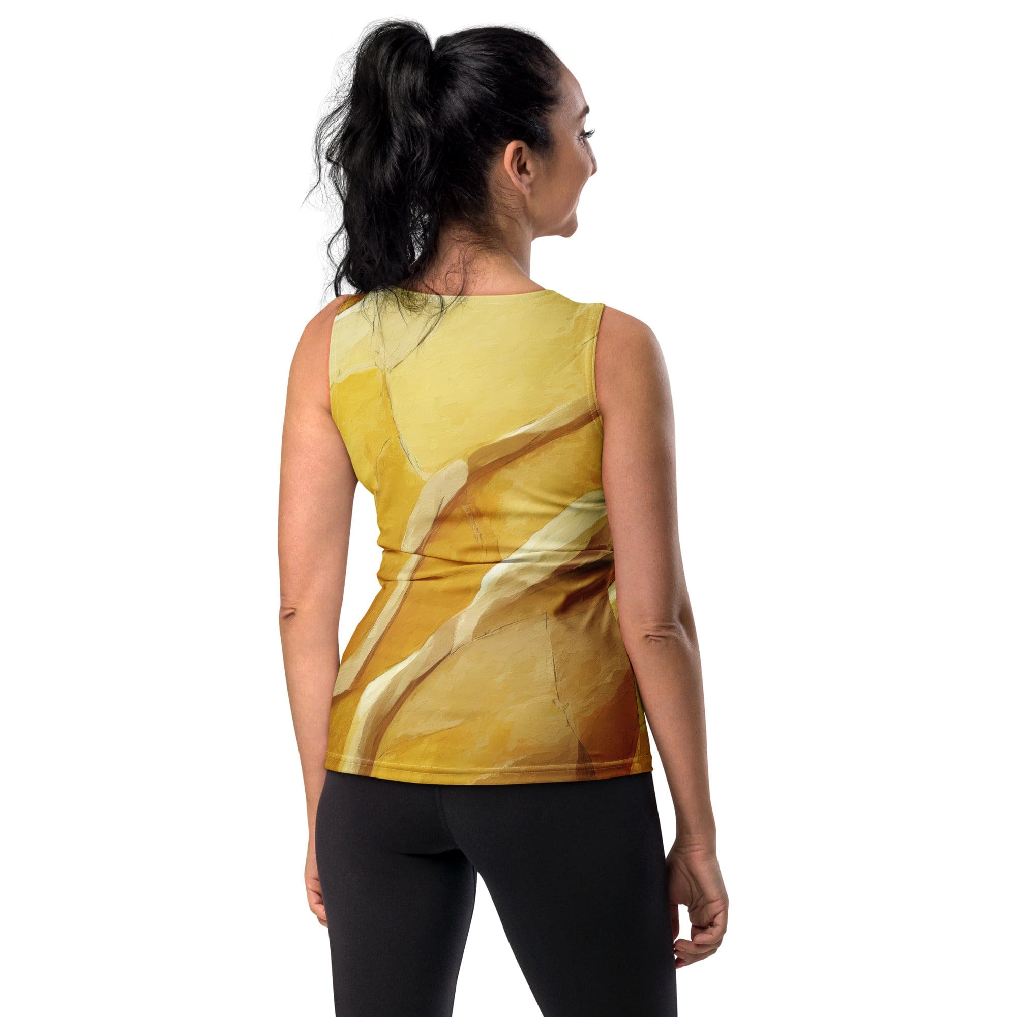 Womens Stretch Fit Tank Top in Rustic Yellow Stone Print, showcasing its sleeveless design and scoop neckline.