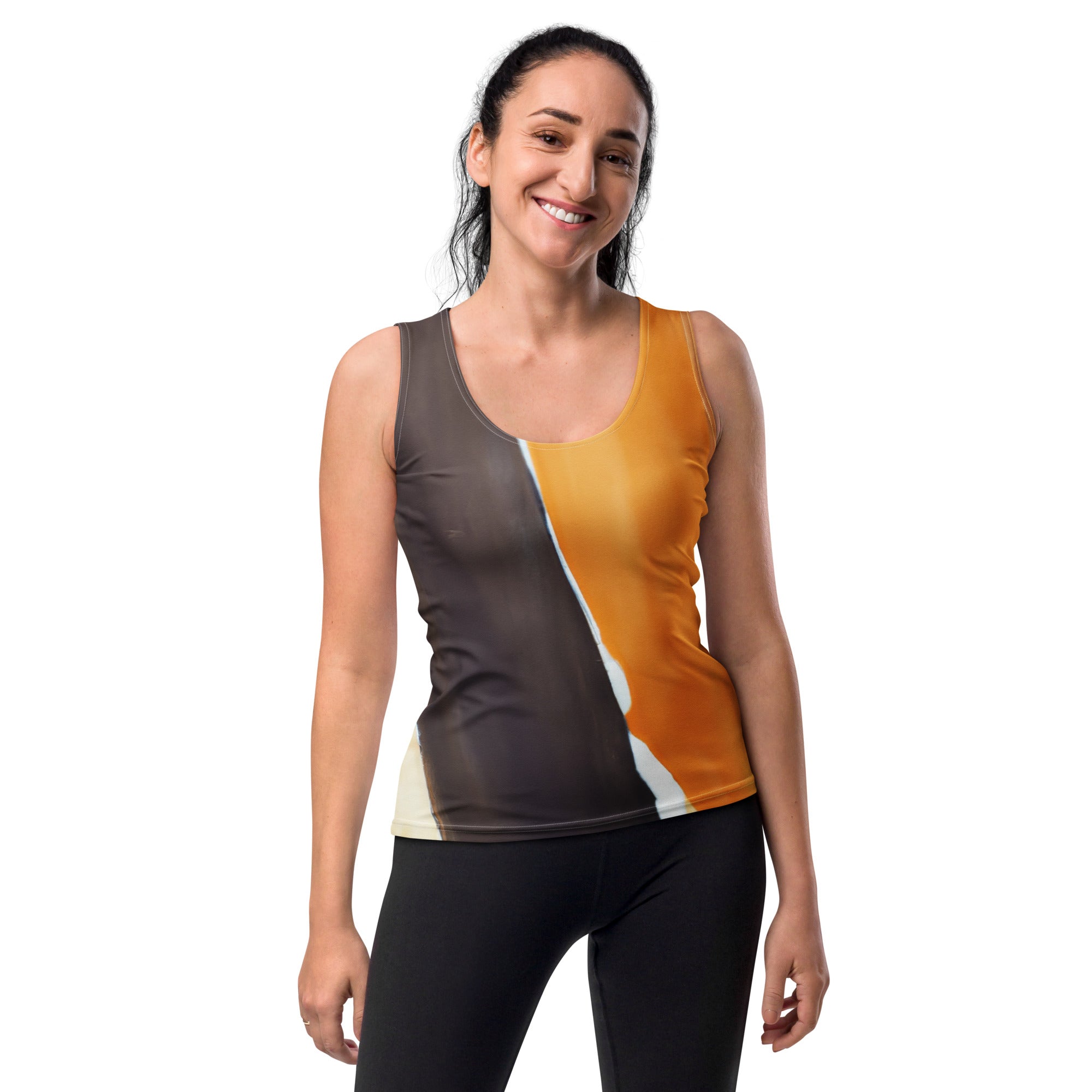 Women's Stretch Fit Tank Top in yellow brown abstract pattern, showcasing a sleeveless design and scoop neckline for a flattering fit.