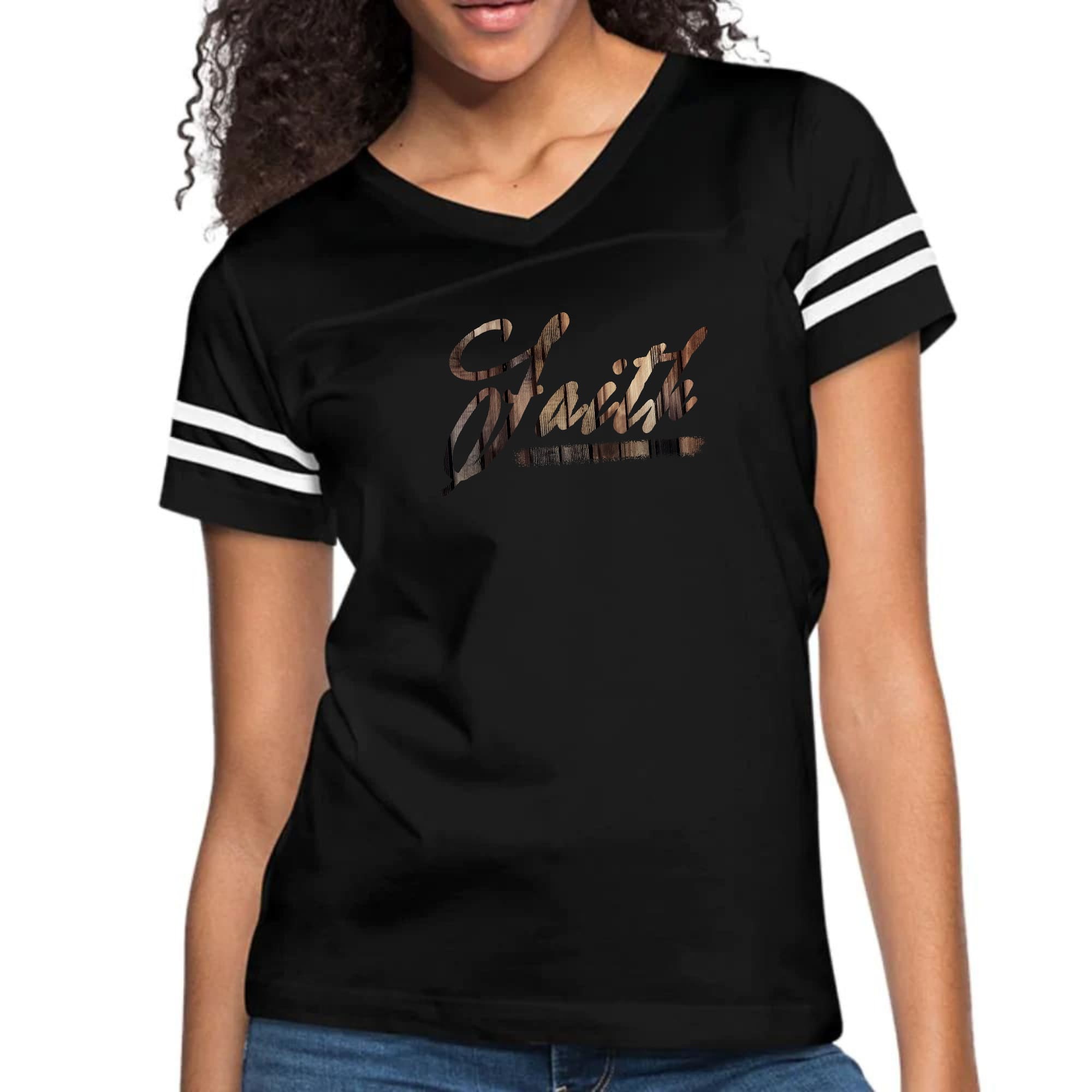 Womens Vintage Sport Graphic T-shirt featuring Faith Brown Wood Grain Print with contrasting stripes on sleeves.