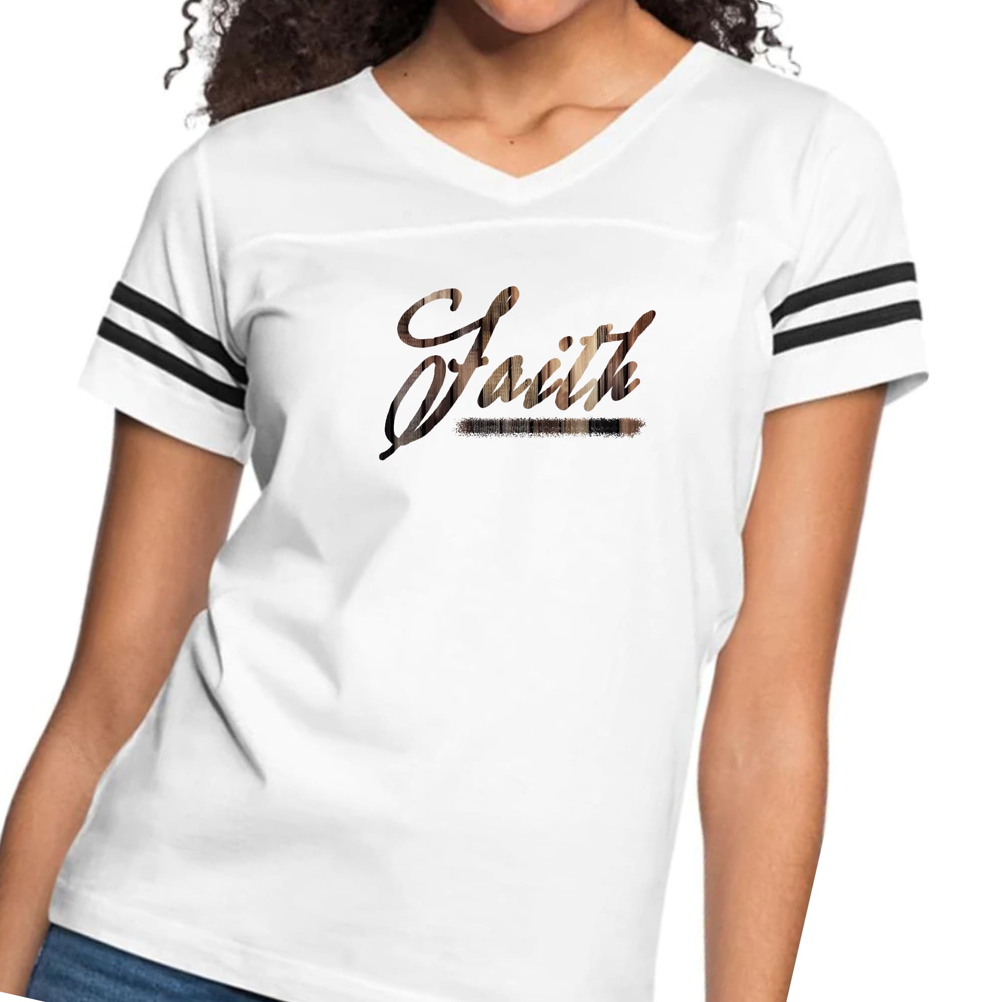 Womens Vintage Sport Graphic T-shirt featuring Faith Brown Wood Grain Print with contrasting stripes on sleeves.