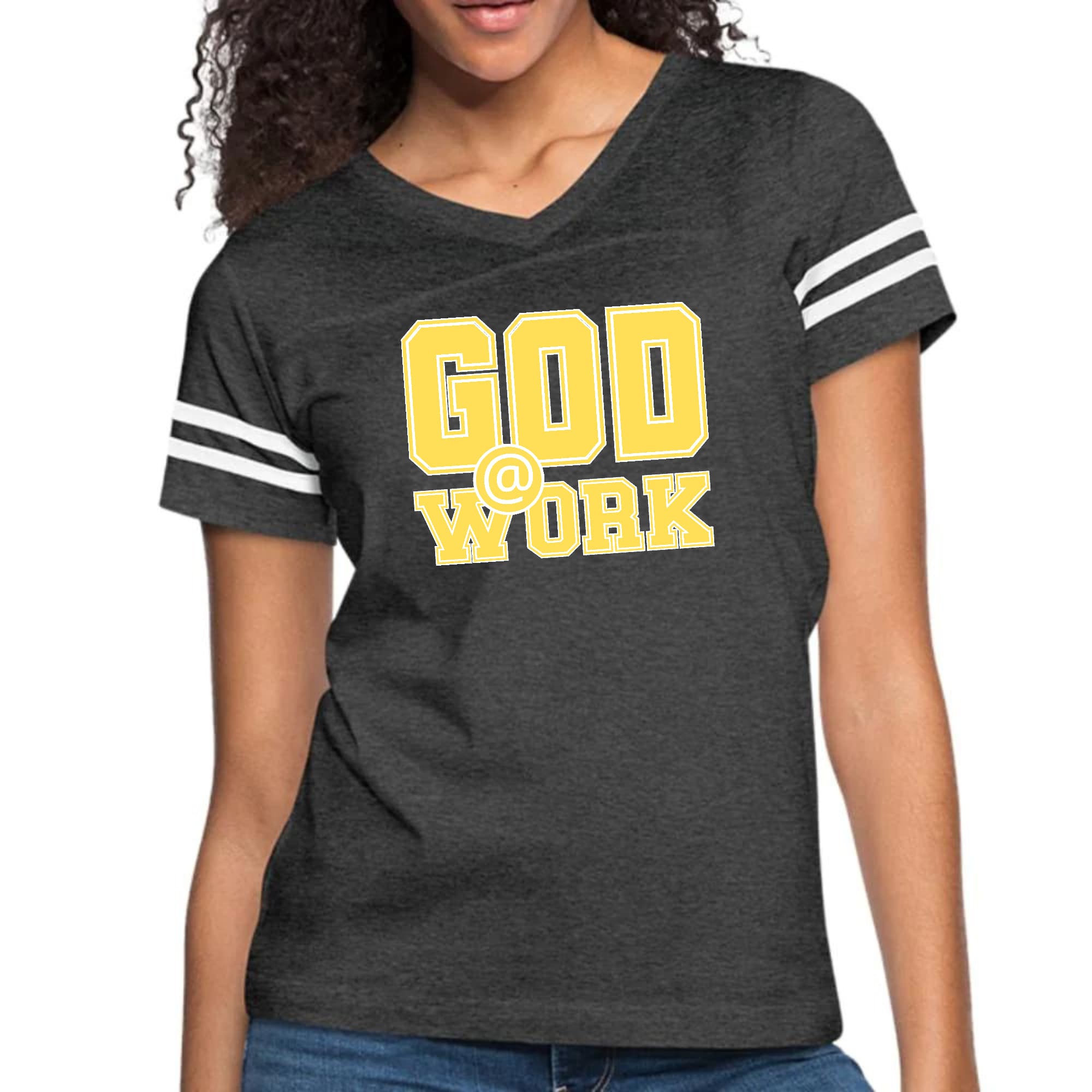 Womens Vintage Sport Graphic T-shirt in yellow and white with God @ Work print, showcasing a stylish and comfortable design.