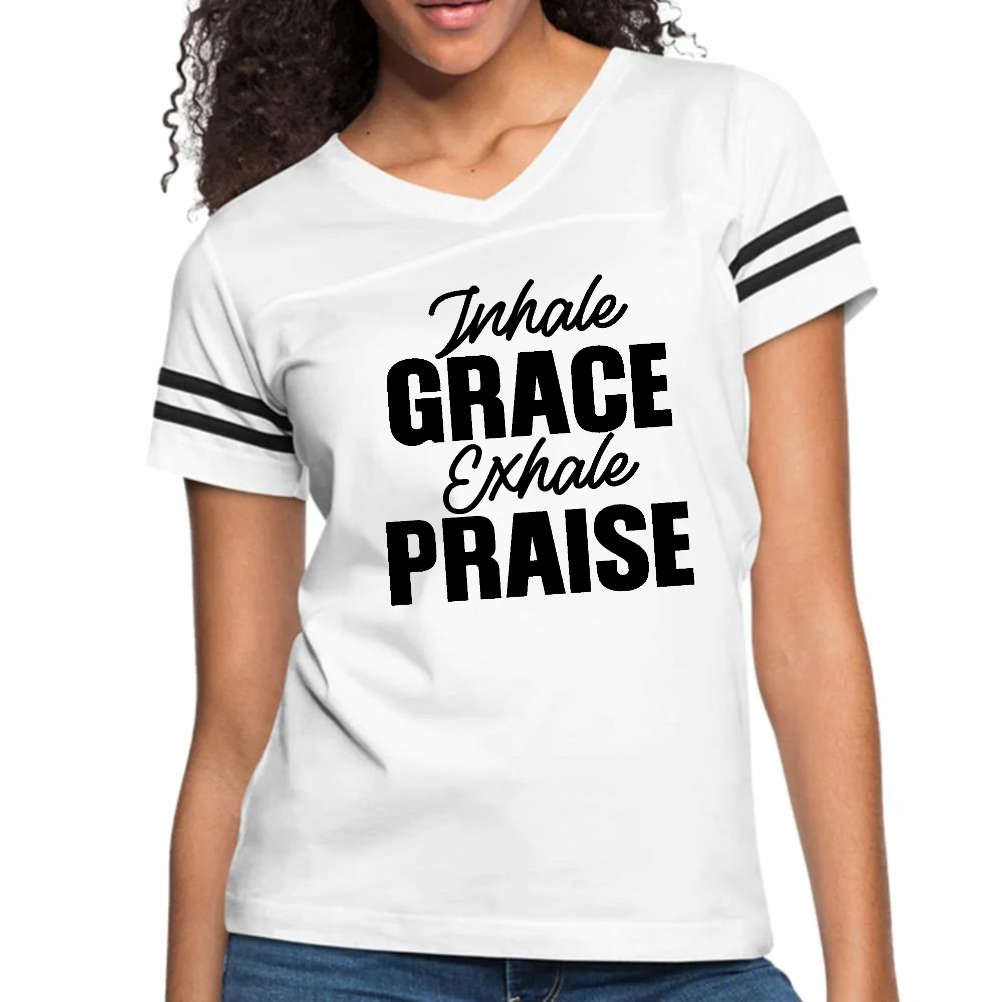 Womens Vintage Sport Graphic T-shirt in black with 'Inhale Grace Exhale Praise' design, featuring contrasting stripes on sleeves.