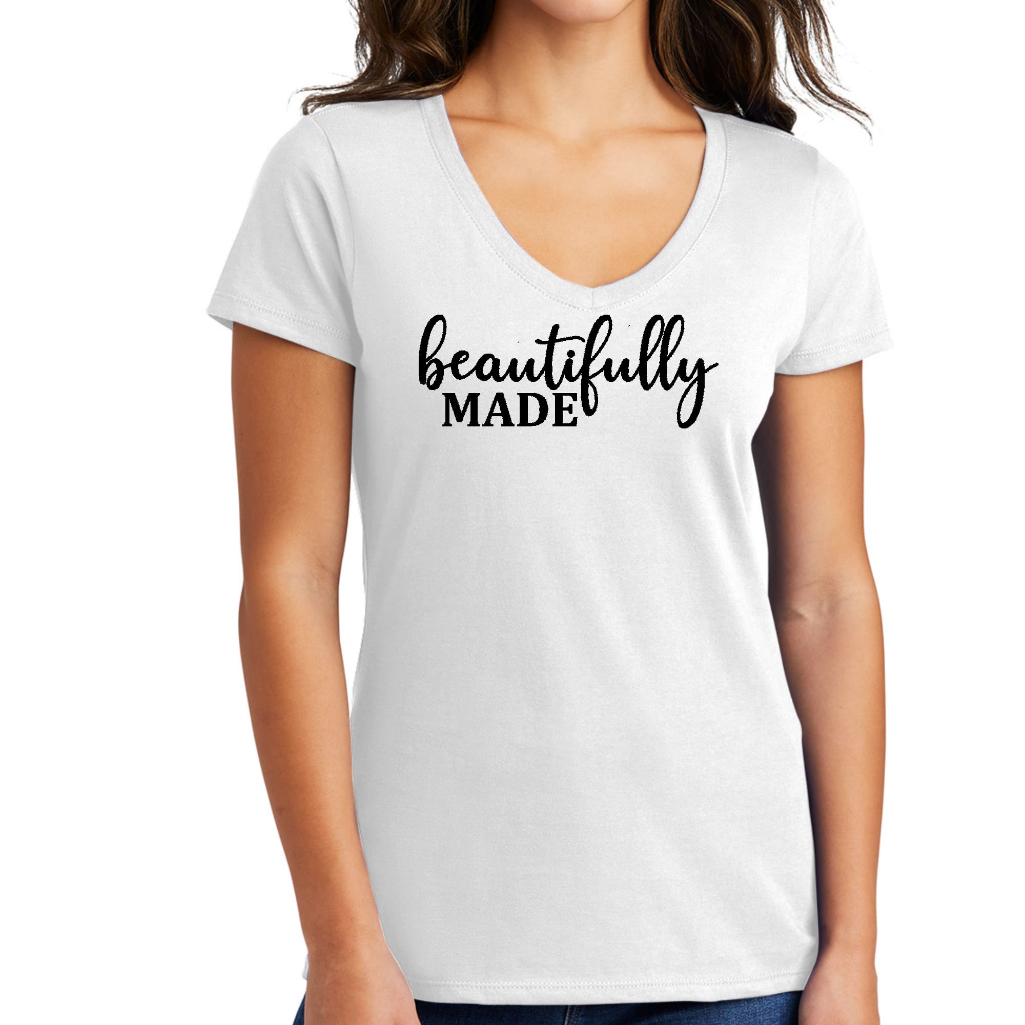 Women's V-neck Graphic T-shirt in black with inspirational affirmation print, showcasing soft preshrunk cotton fabric and stylish design.