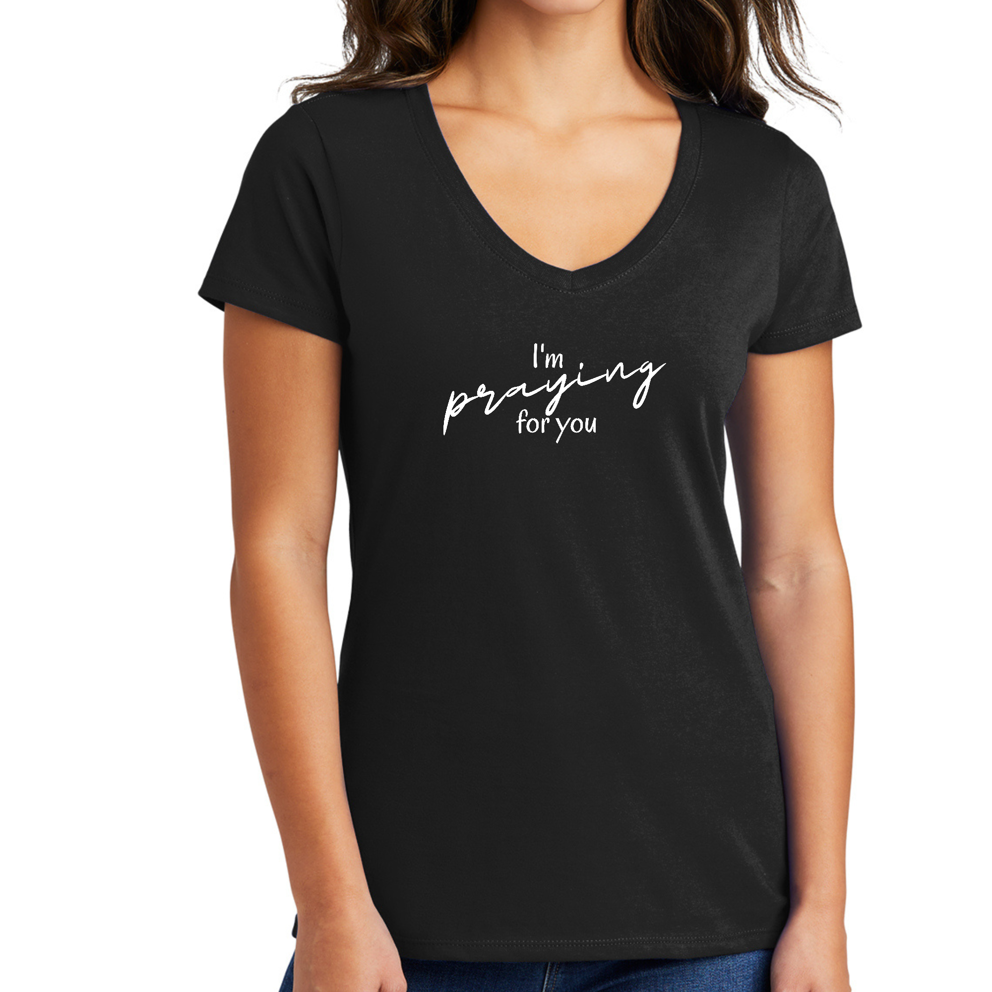 Women's V-neck Graphic T-shirt featuring 'I'm Praying' design, showcasing vibrant colors and artistic style.