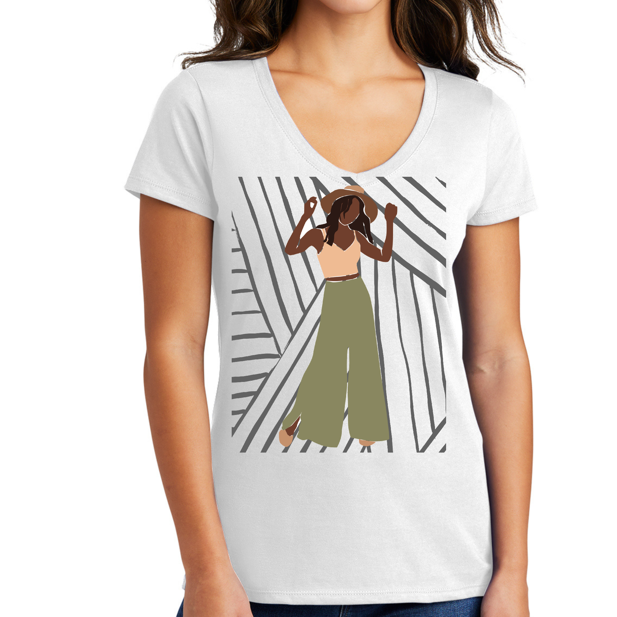 Women's V-neck Graphic T-shirt featuring the phrase 'Say it Soul, its Her Groove Thing' in a stylish design, made from soft preshrunk cotton.