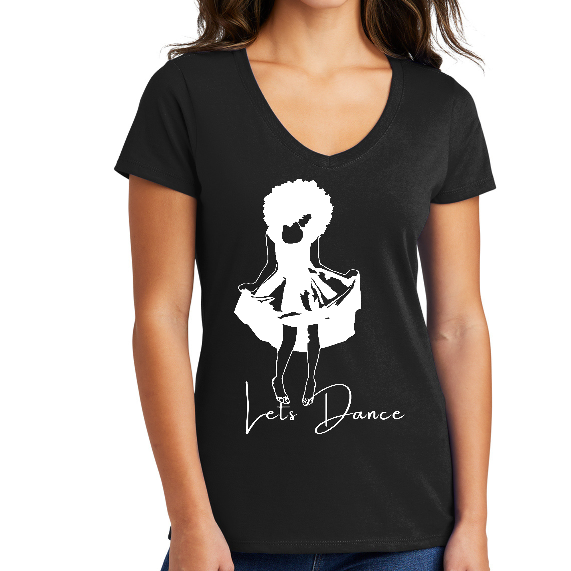 Women's V-neck Graphic T-shirt with 'Let's Dance' white line art print, showcasing a stylish and comfortable design.