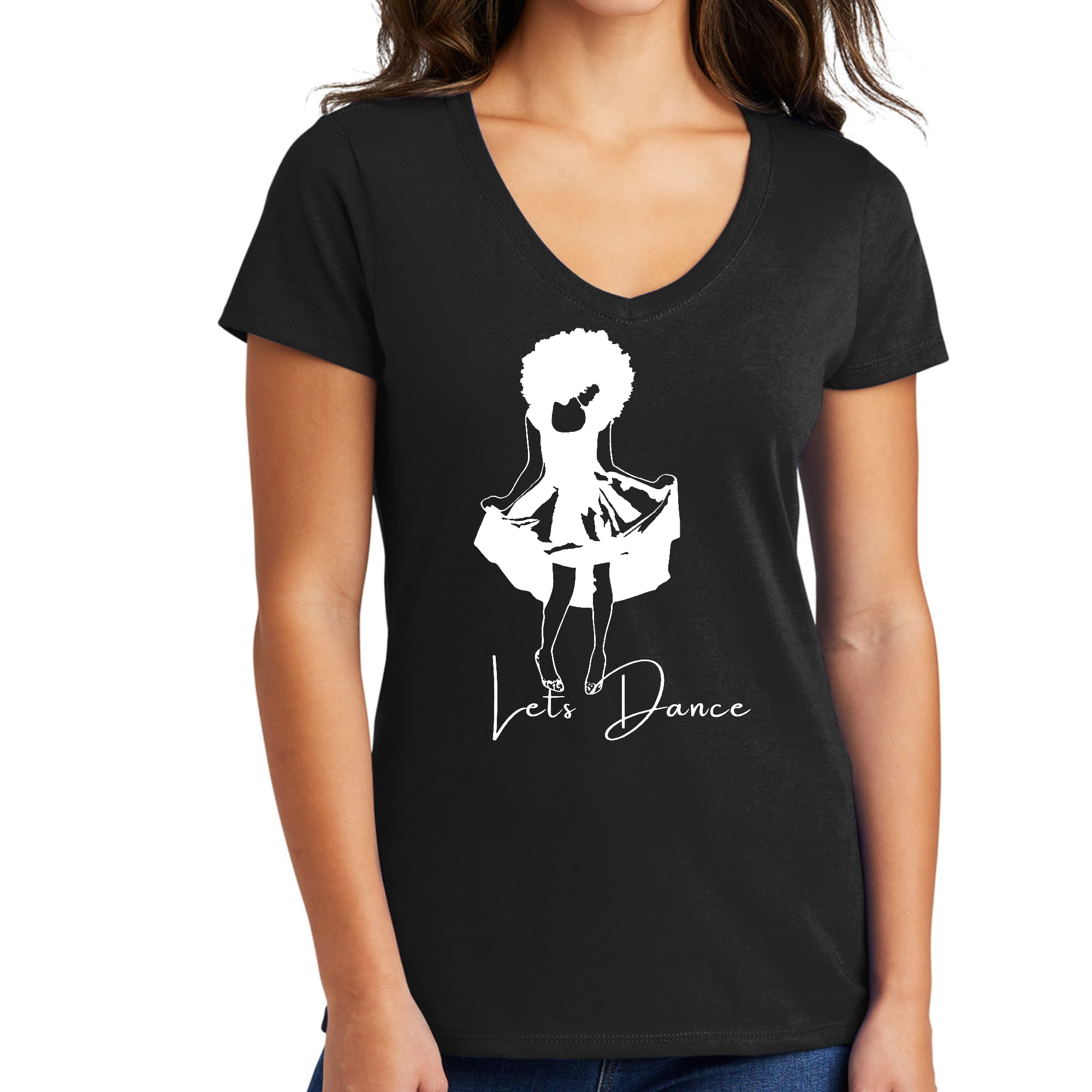 Women's V-neck Graphic T-shirt with 'Let's Dance' white line art print, showcasing a stylish and comfortable design.