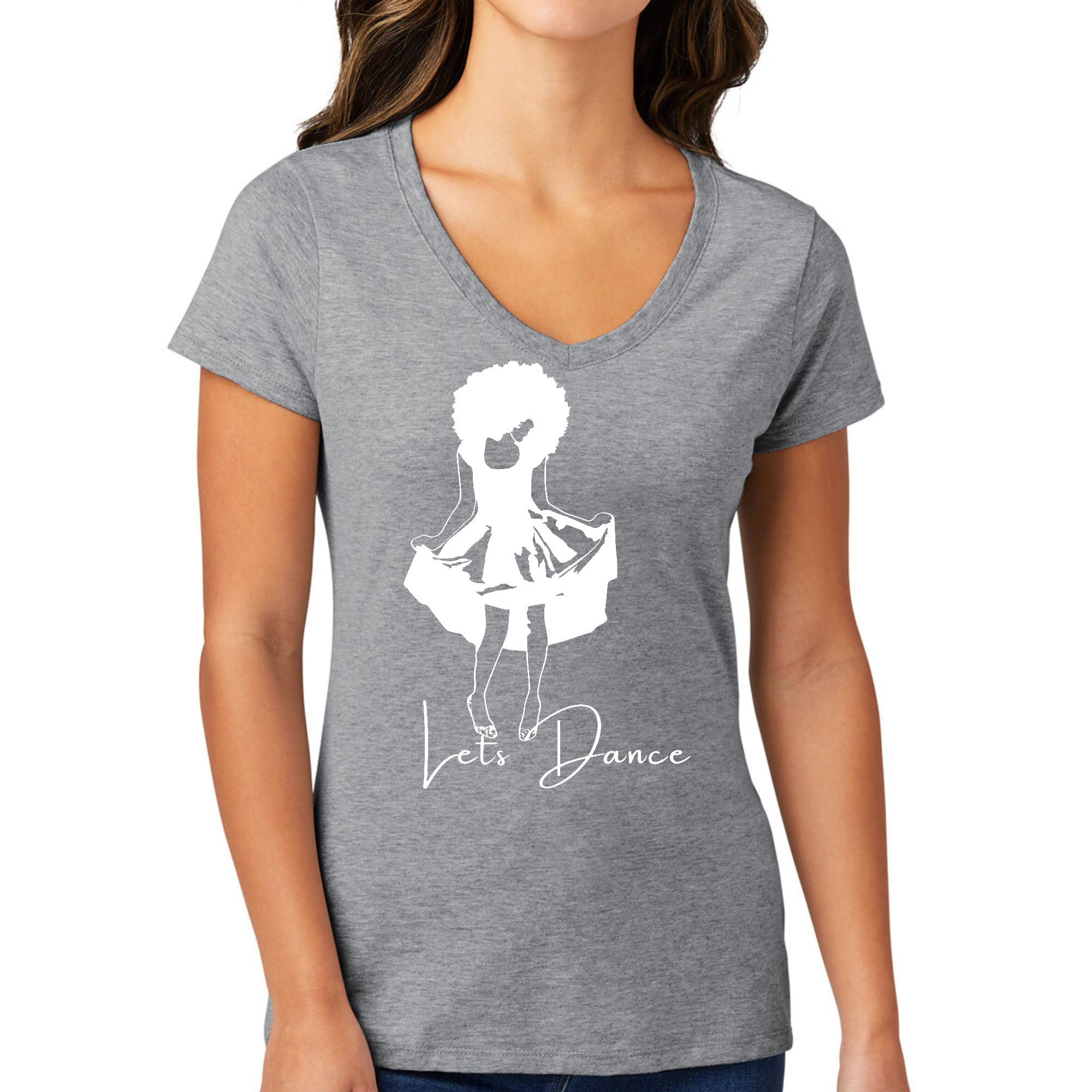 Women's V-neck Graphic T-shirt with 'Let's Dance' white line art print, showcasing a stylish and comfortable design.