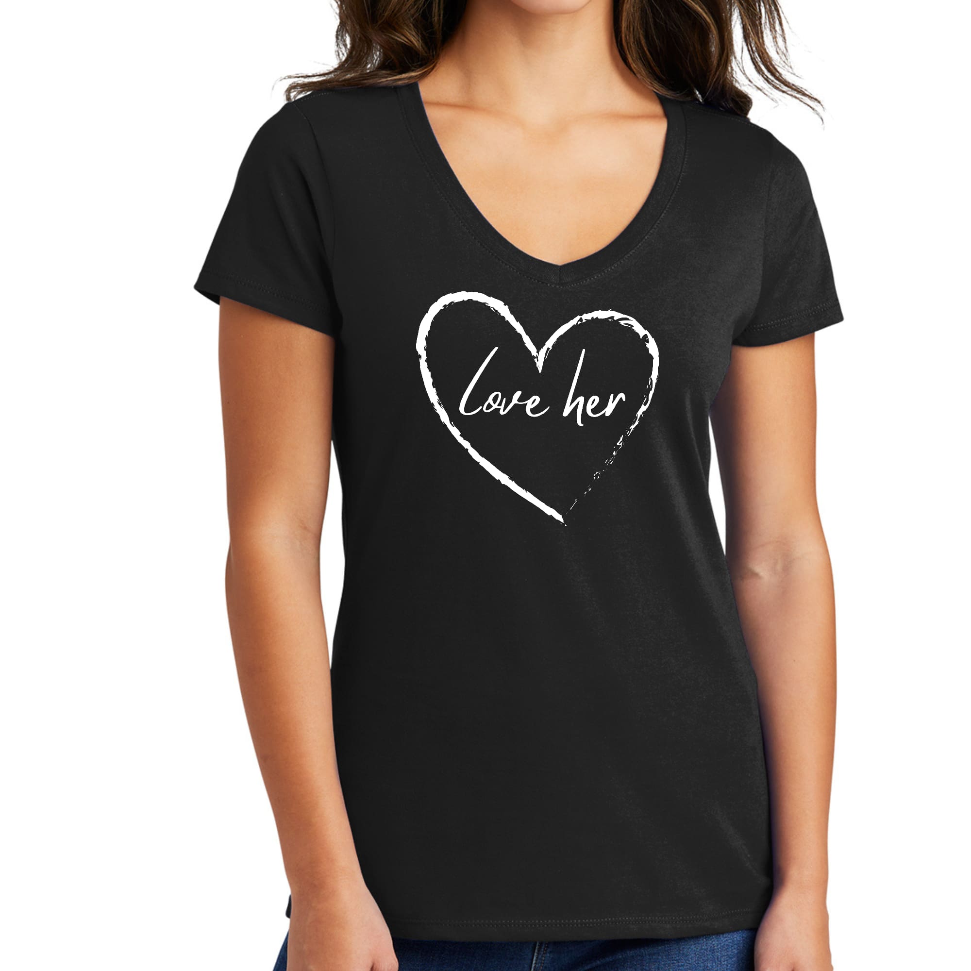 Women's V-neck Graphic T-shirt featuring 'Say it Soul Love Her' design, made from soft preshrunk cotton, ideal for casual wear.