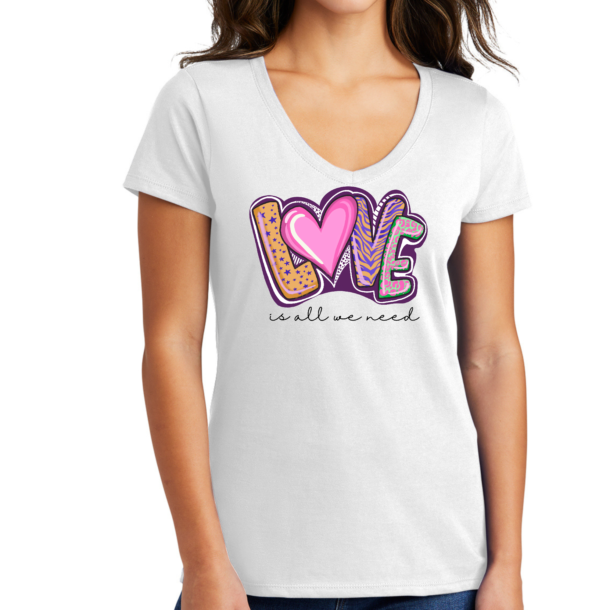 Womens V-neck Graphic T-shirt featuring a bold 'Love is All We Need' design, crafted from soft cotton for comfort and style.