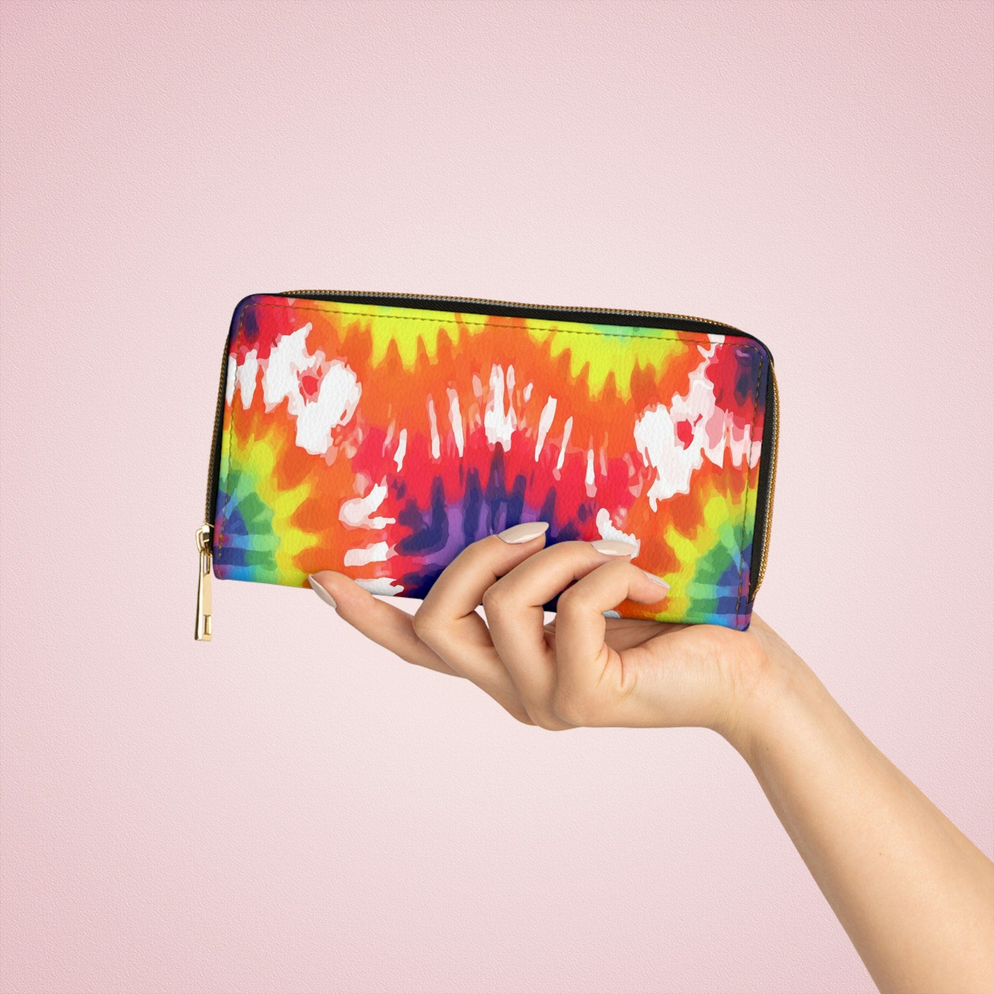 Womens Zipper Wallet featuring a vibrant psychedelic rainbow tie dye design, made from durable faux leather with multiple pockets.