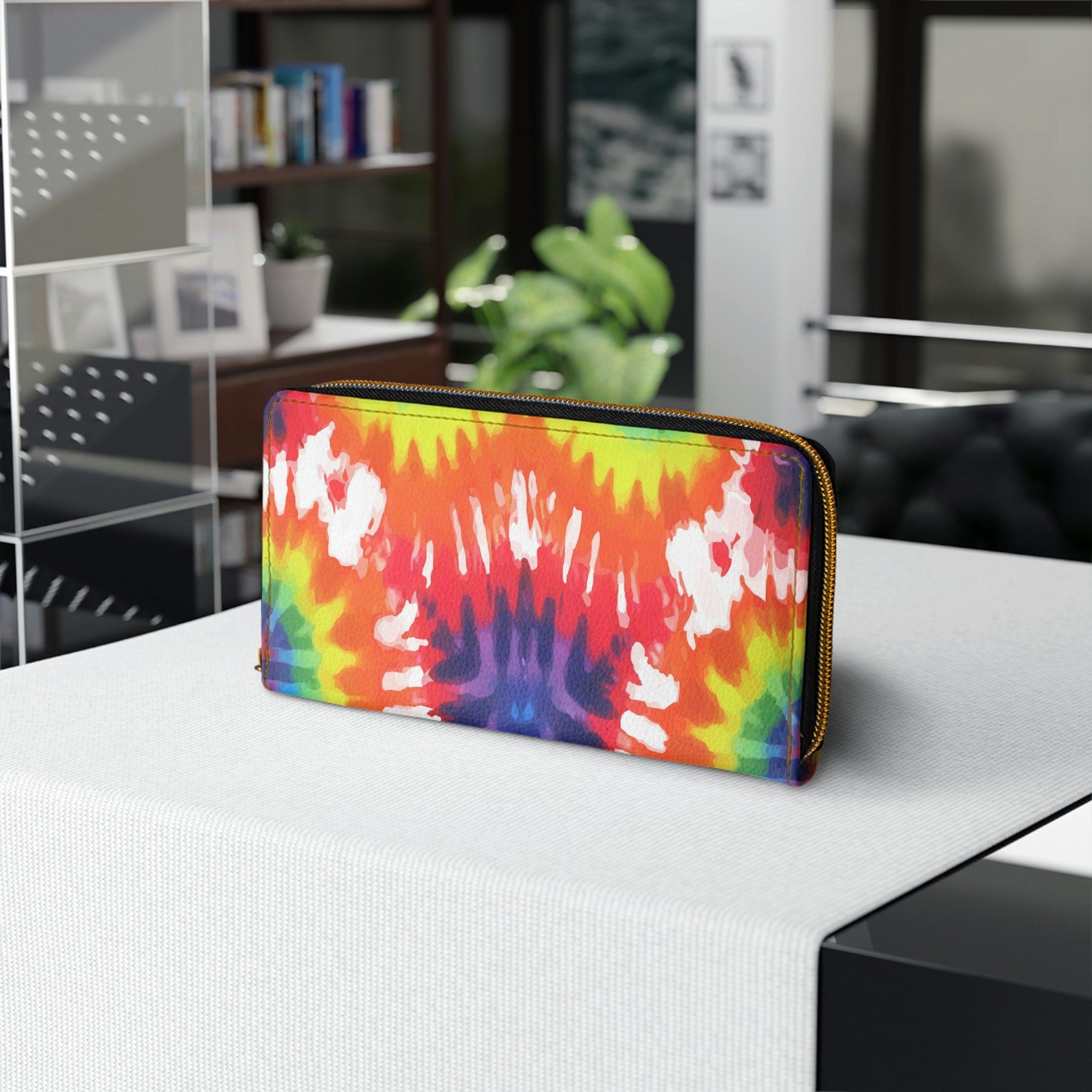 Womens Zipper Wallet featuring a vibrant psychedelic rainbow tie dye design, made from durable faux leather with multiple pockets.