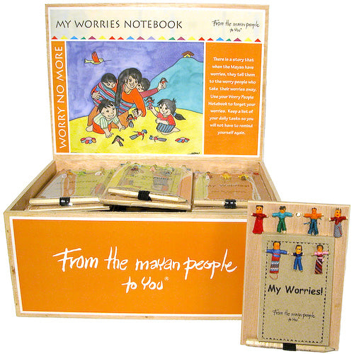 Worry Doll Notepad featuring colorful designs and a pencil, inspired by Mayan worry dolls, perfect for organizing thoughts.