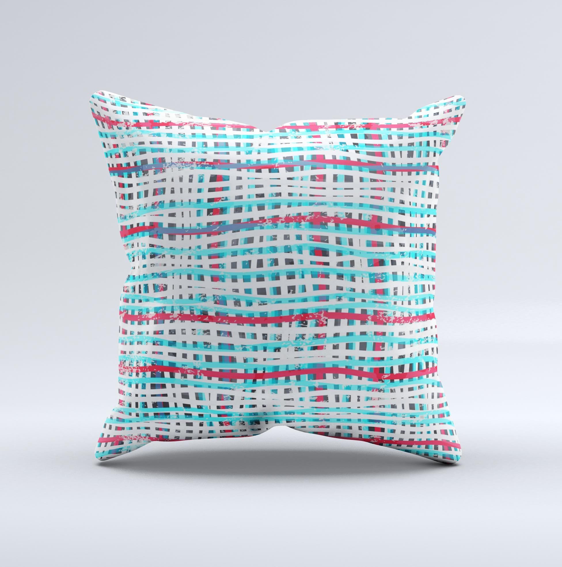 Woven Trendy Green & Coral Ink-Fuzed Decorative Throw Pillow showcasing vibrant colors and unique design, handcrafted in Virginia.
