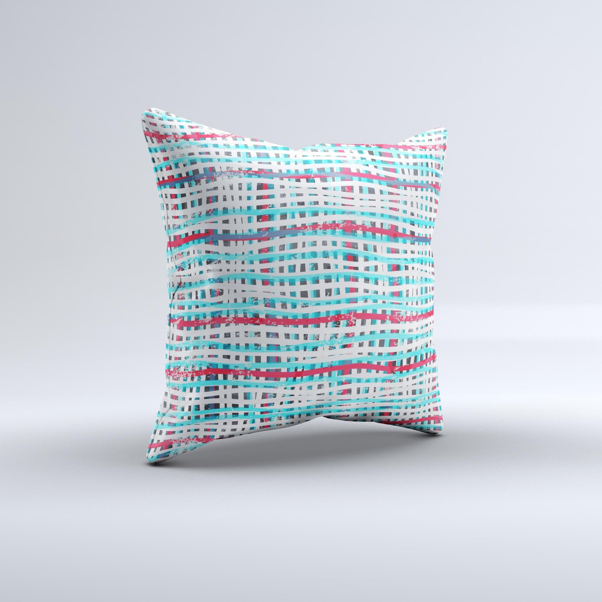 Woven Trendy Green & Coral Ink-Fuzed Decorative Throw Pillow showcasing vibrant colors and unique design, handcrafted in Virginia.