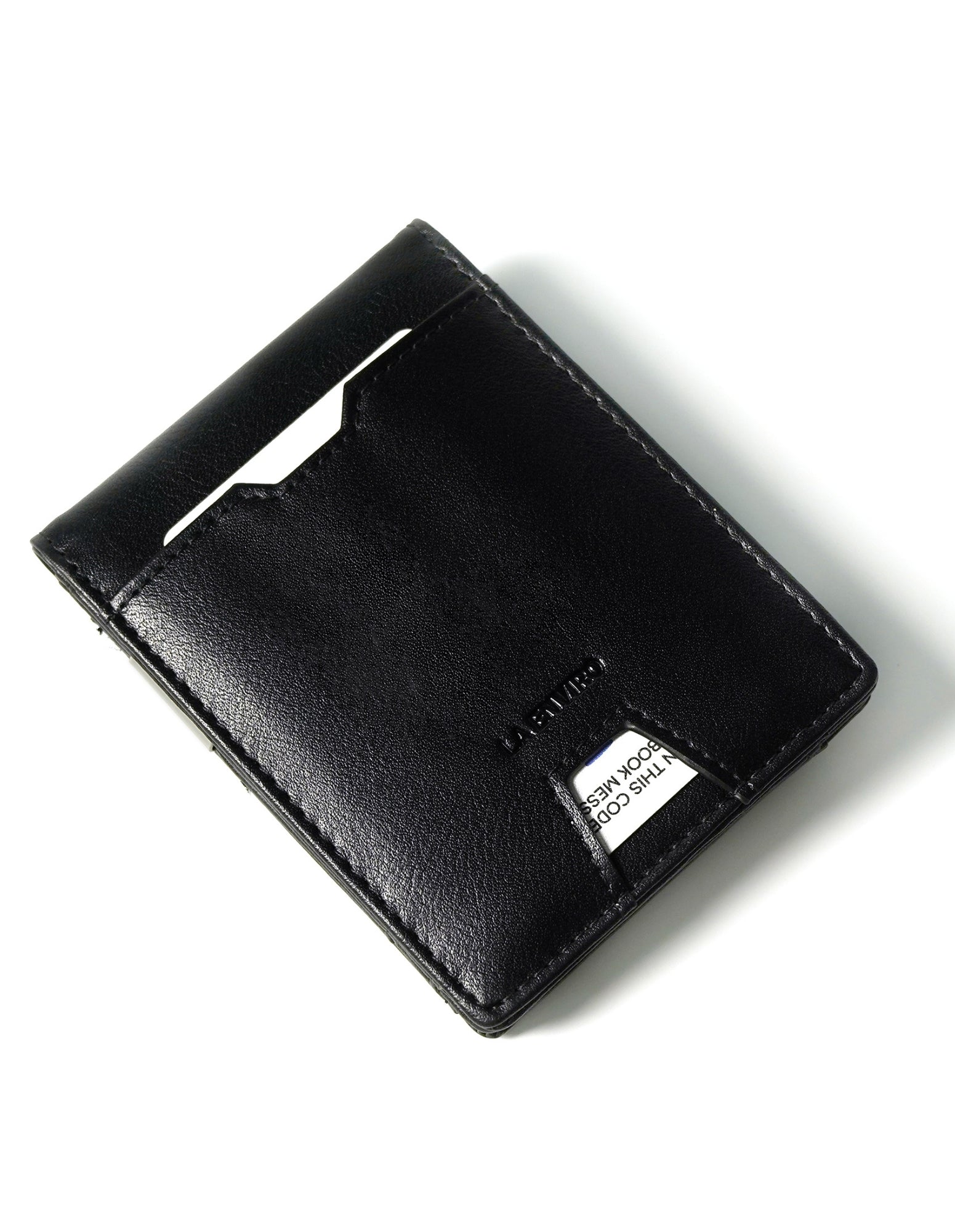 YAMBA Wallet I Black made from high-quality vegan leather, featuring a slim bifold design with card slots, money clip, and coin pocket.