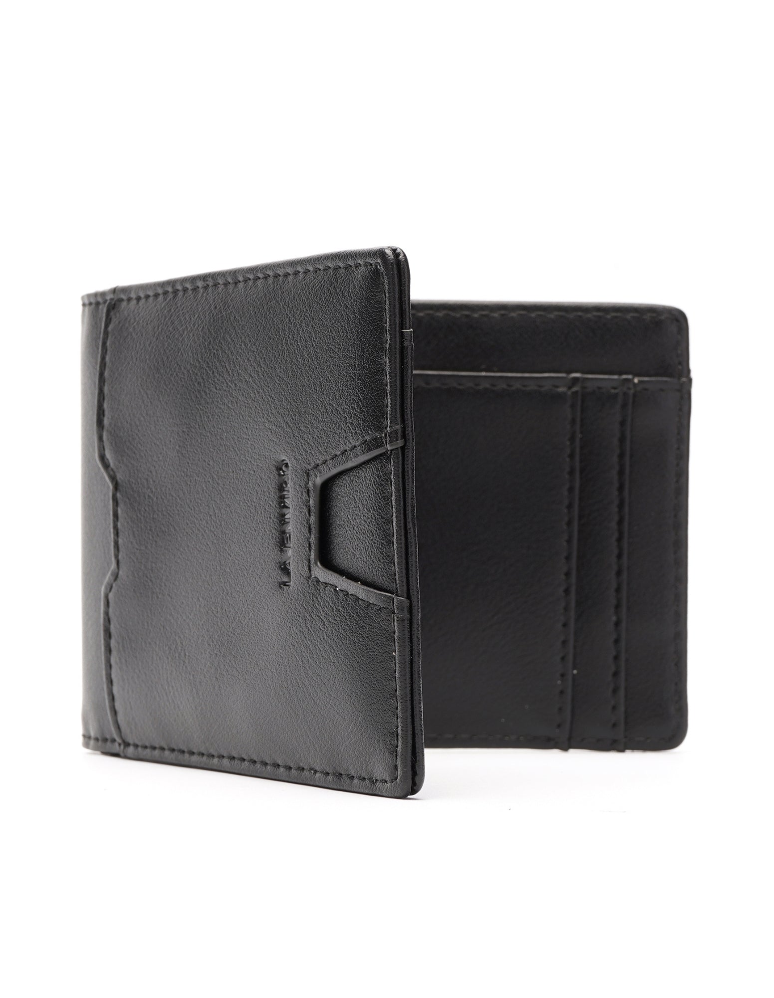 YAMBA Wallet I Black made from high-quality vegan leather, featuring a slim bifold design with card slots, money clip, and coin pocket.